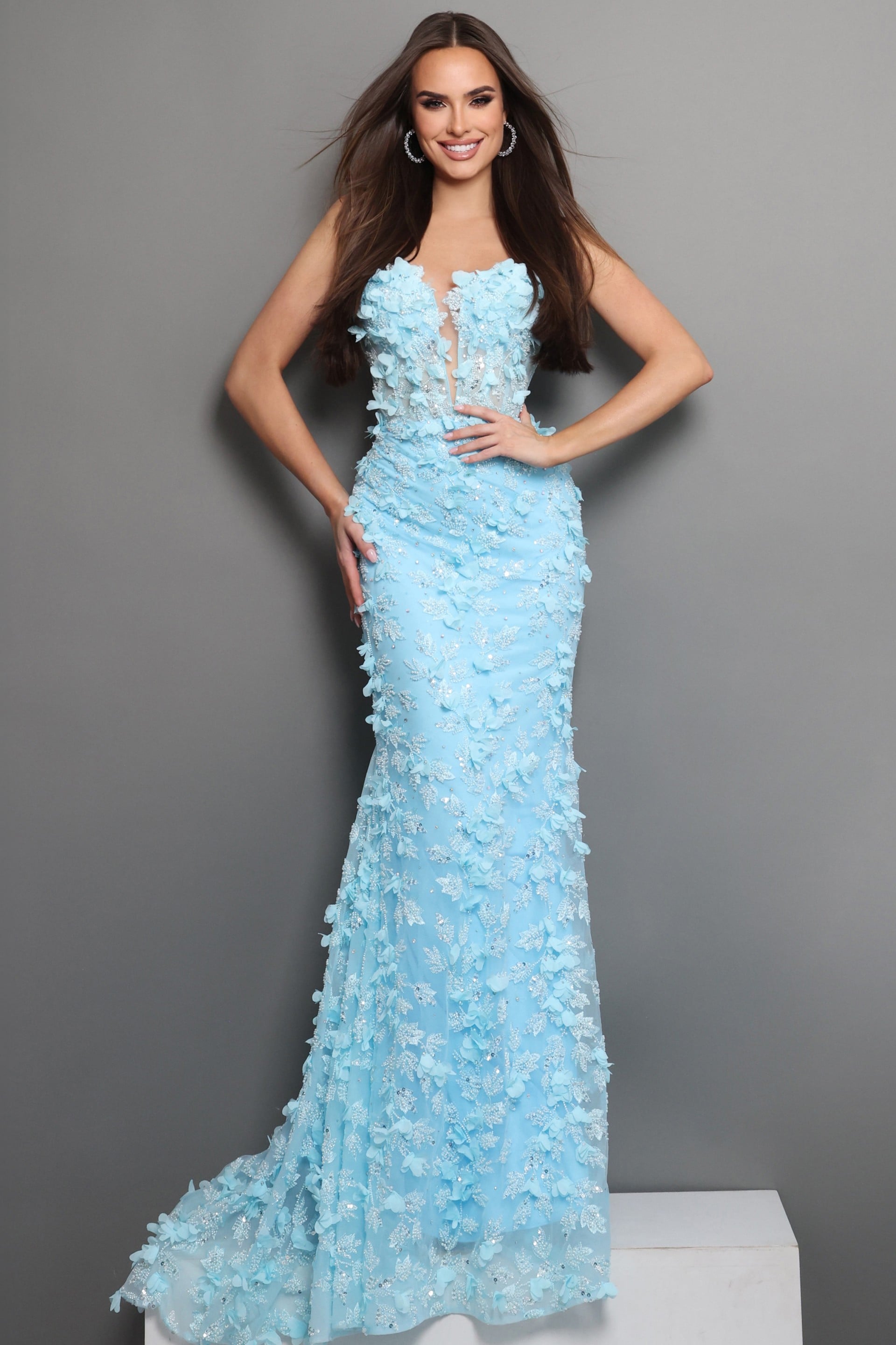 Strapless Curved Neck Floor-Length Tulle Prom Mermaid Jovani 49533
