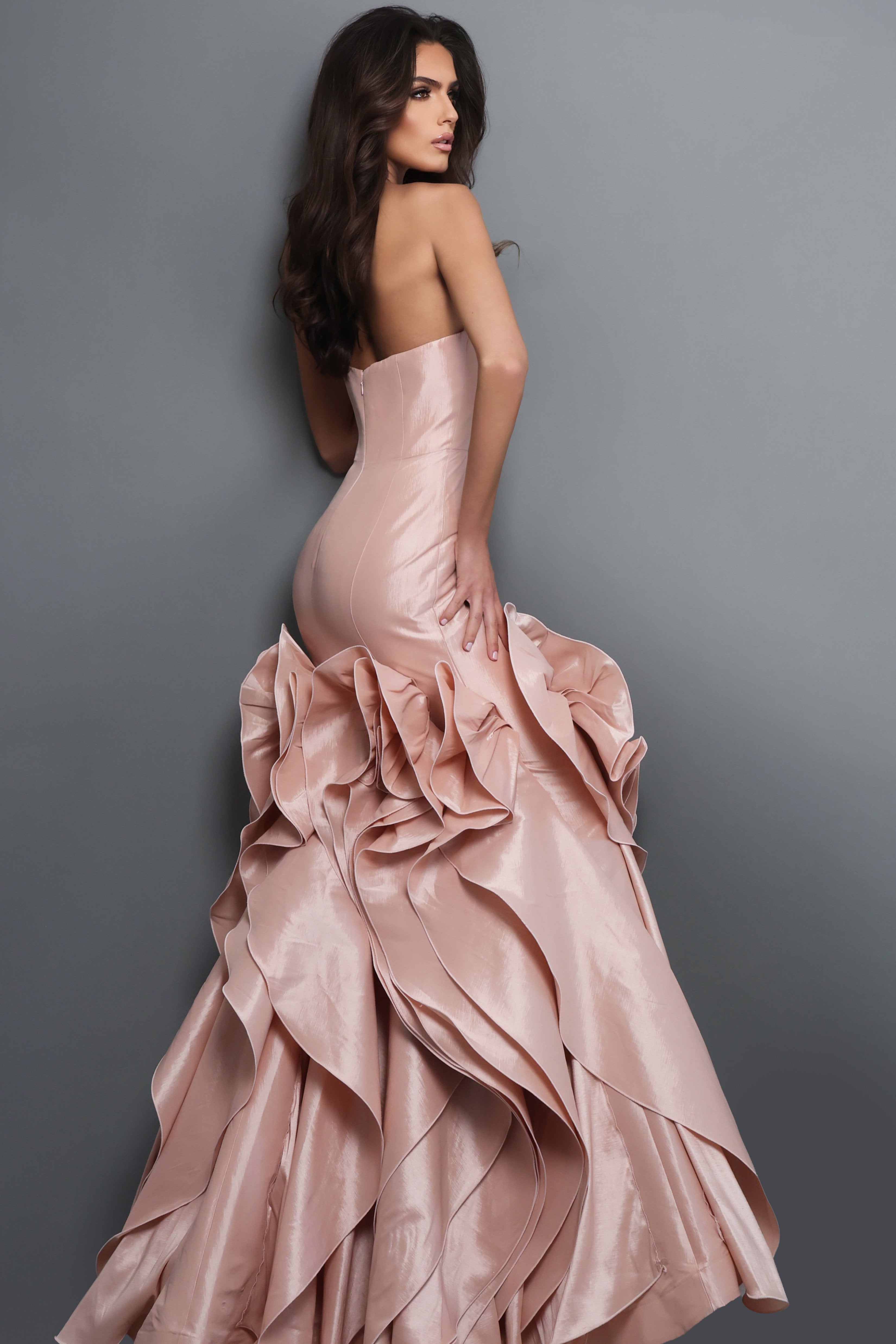 Strapless Curved Neck Floor-Length Satin Evening Mermaid Jovani 49548