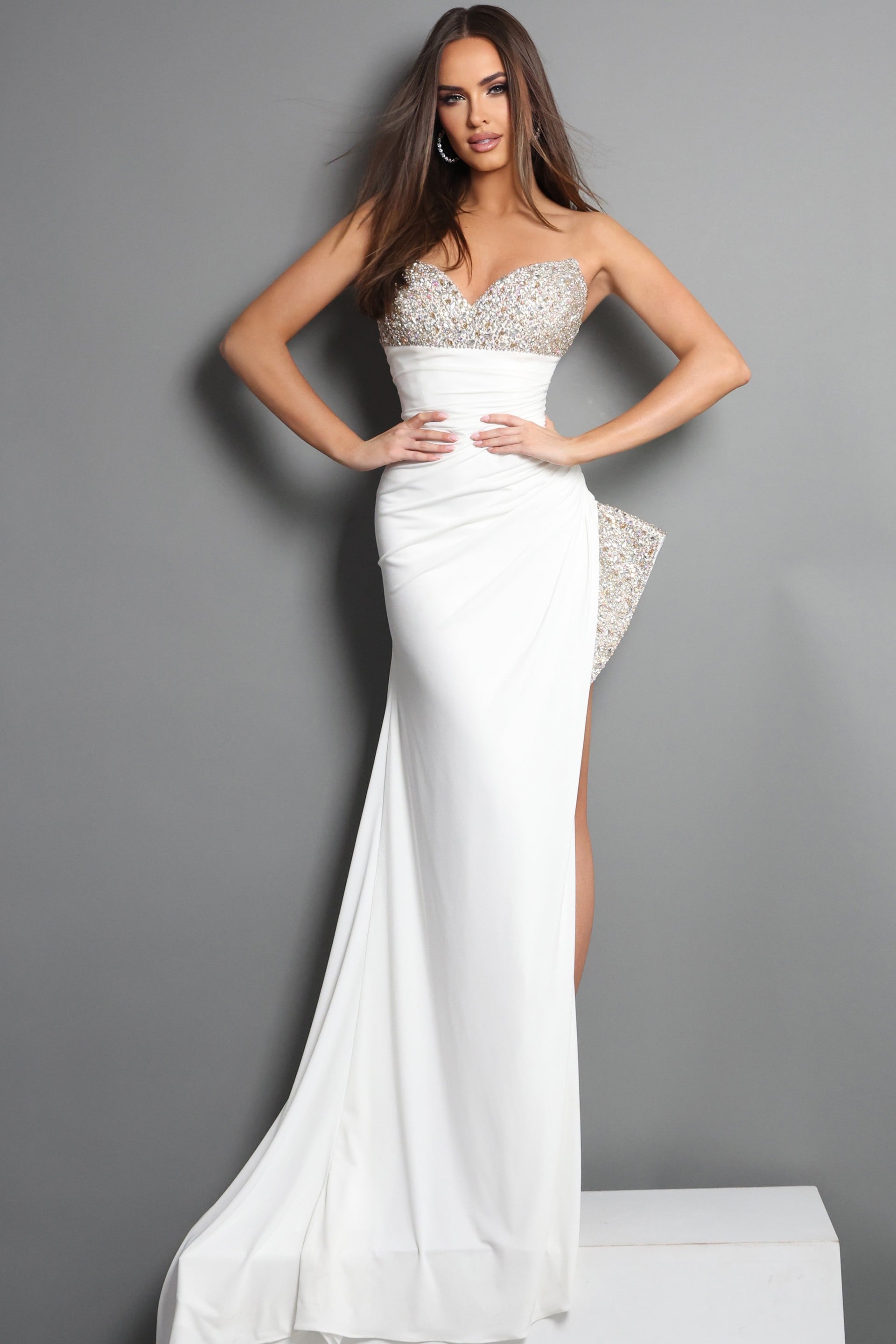Strapless Curved Neck Floor-Length Jersey Wedding Dress Sheath/Column Jovani 49577