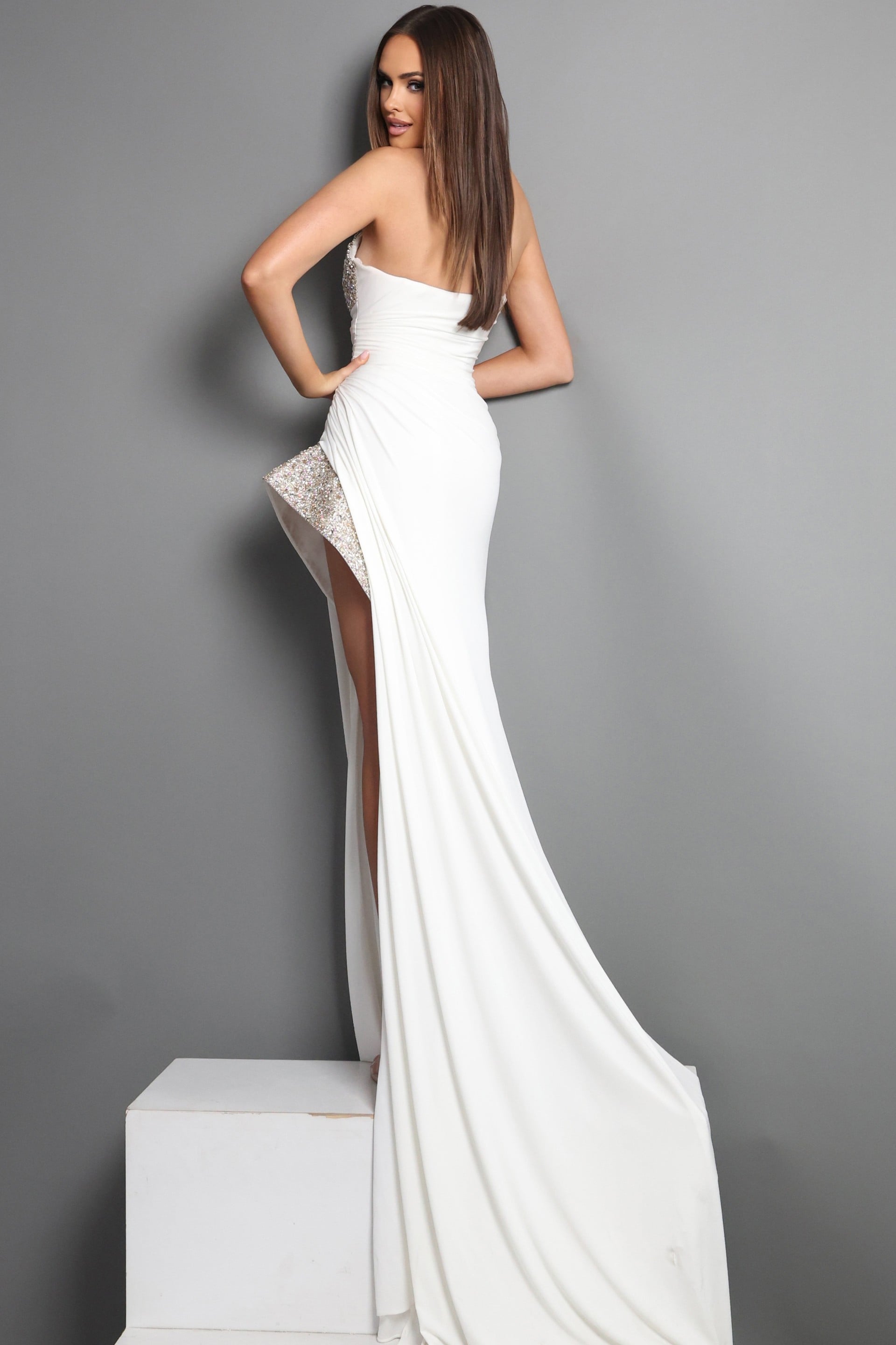 Strapless Curved Neck Floor-Length Jersey Wedding Dress Sheath/Column Jovani 49577