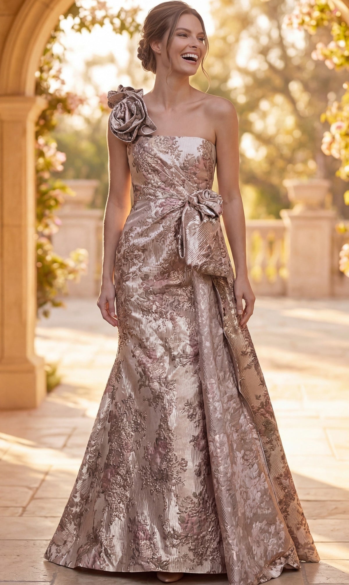 Jovani 49623 Blush Print floral jacquard mermaid gown