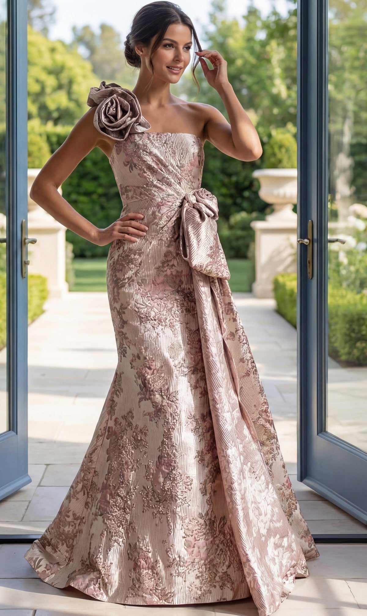 Jovani 49623 Blush Print floral jacquard mermaid gown