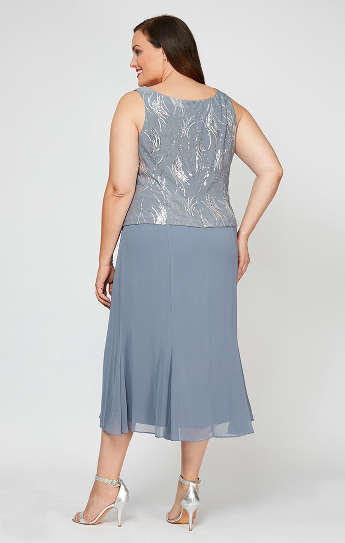 Plus Size Formal Dresses Short Plus Size Tea Length Mother of the Bride Sequin Jacket Dress Steel Blue