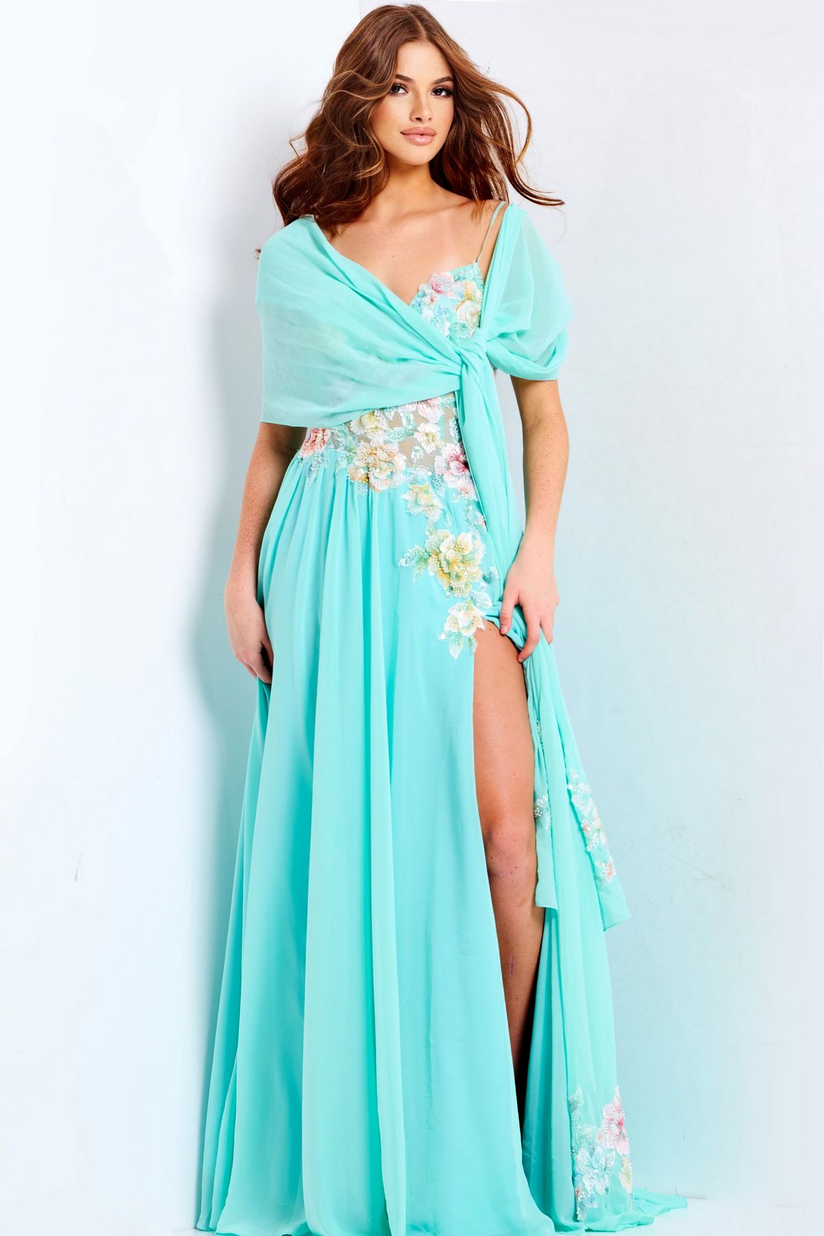 Prom Dresses Floral Long Formal Applique Prom Dress Aqua