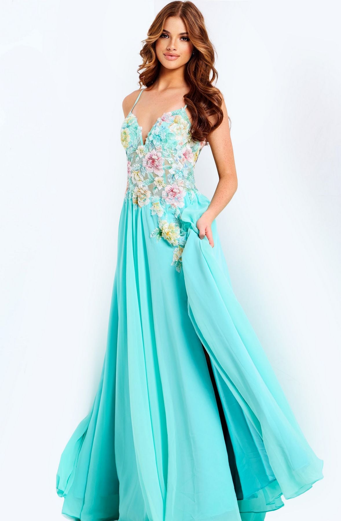 Prom Dresses Floral Long Formal Applique Prom Dress Aqua
