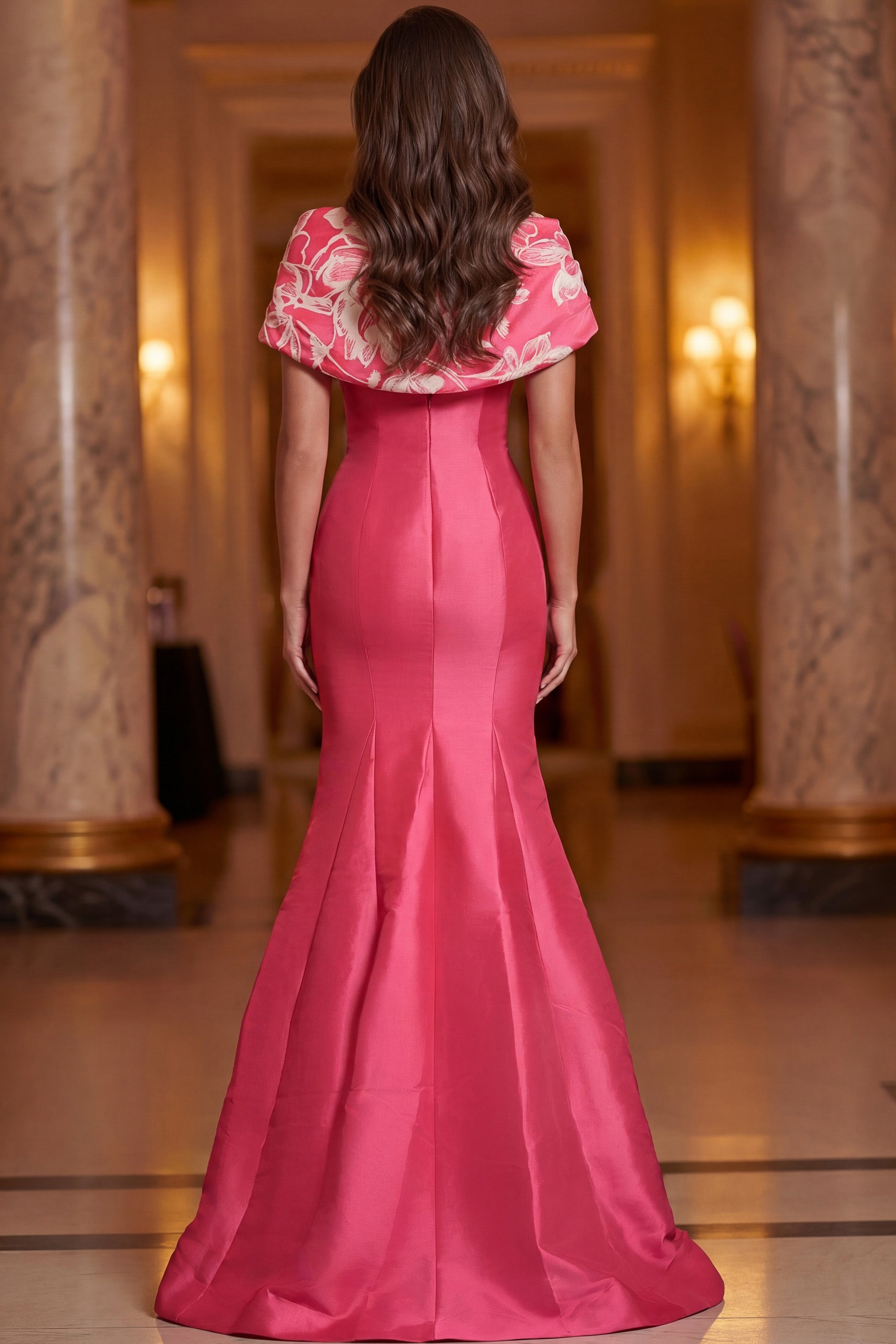 Fuchsia Off-the-Shoulder Floor-Length Embroidered Satin Mermaid Gown Jovani 49641