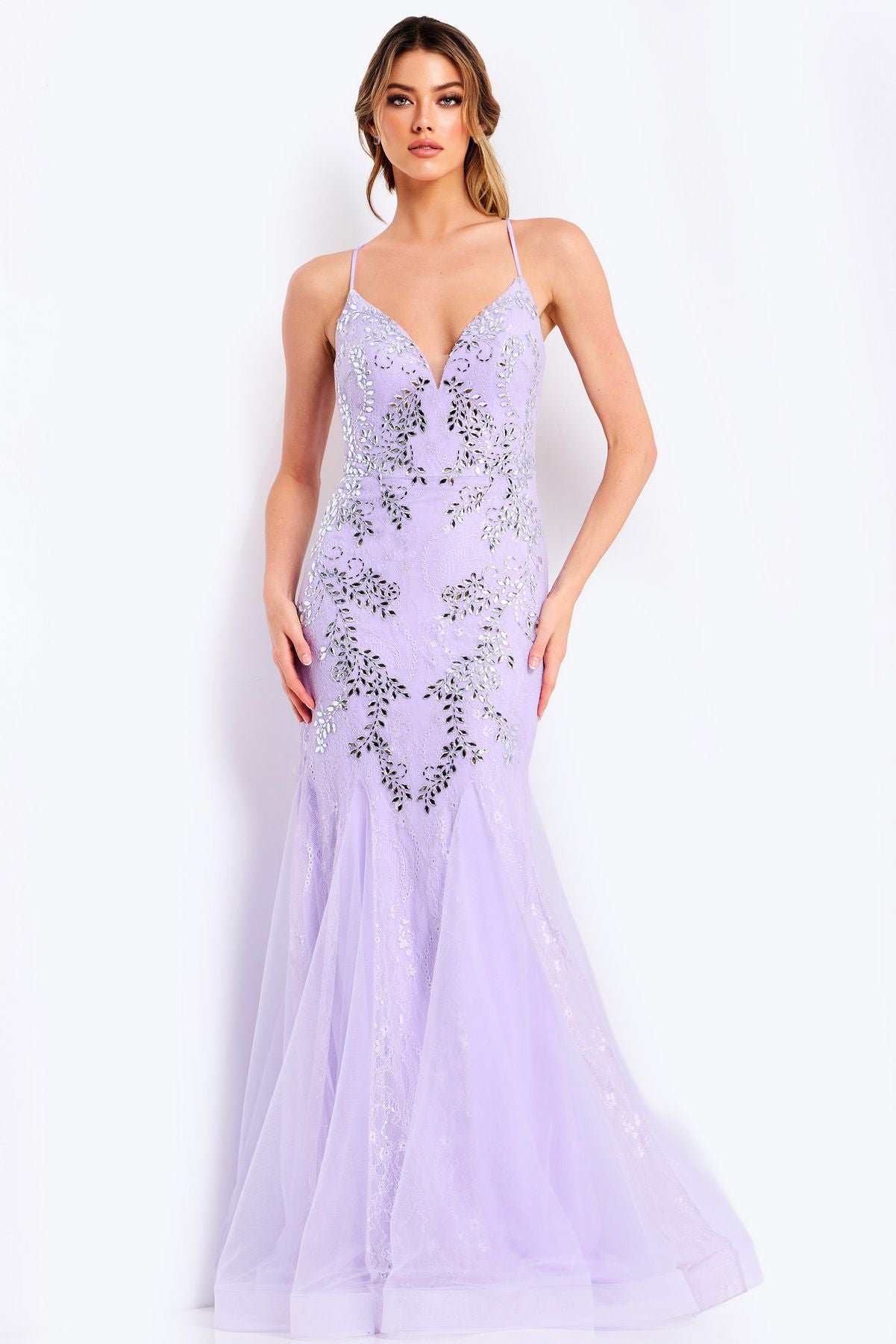 Prom Dresses Lace Long Formal Beaded Prom Dress Lilac/Silver