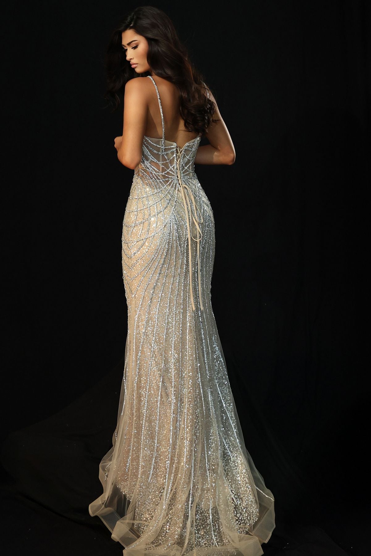 Prom Dresses Beaded Corset Long Fitted Formal Prom Dress Silver/Nude