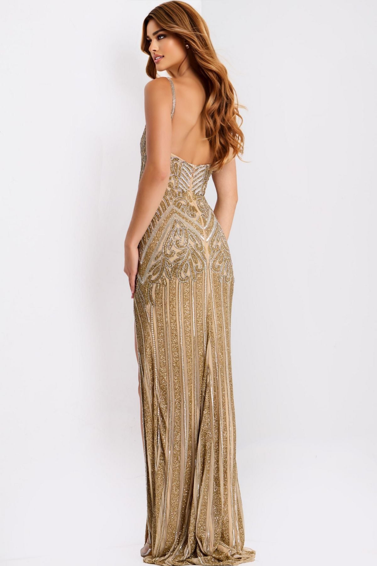 Prom Dresses Formal Long Beaded Fitted Prom Dress Nude/Gold/Silver