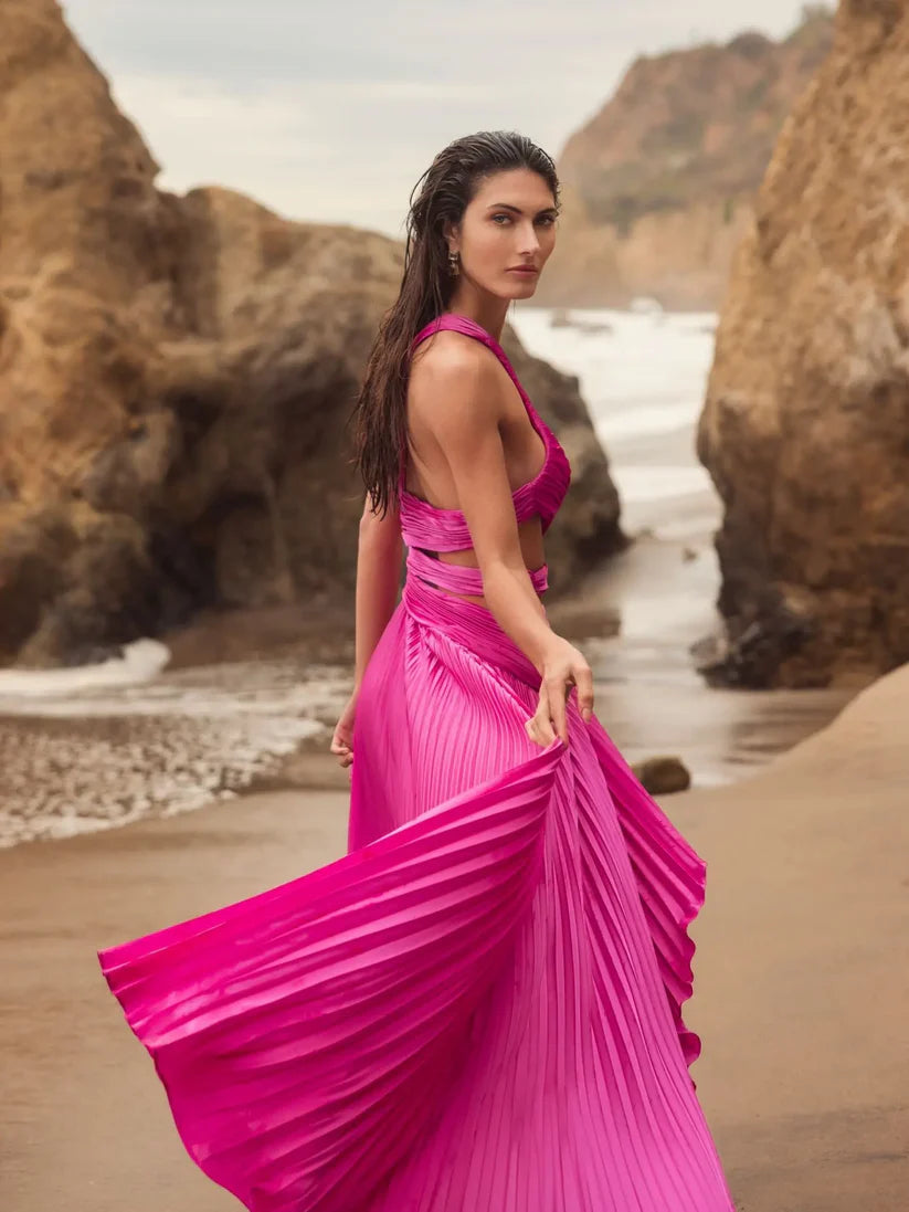 Formal Dresses Formal Cutout Prom Long Pleated Dress Fuchsia