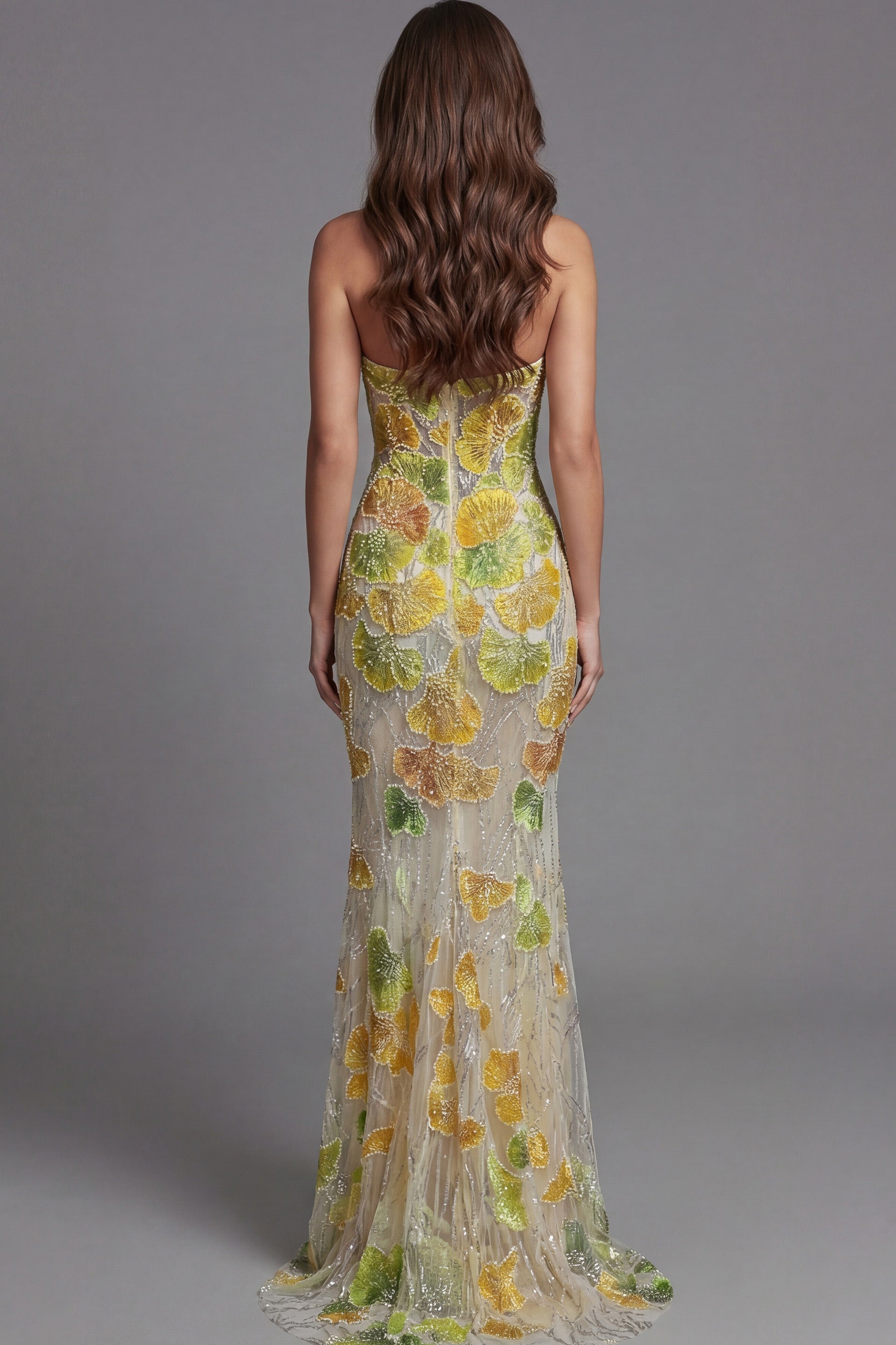 Yellow/Multi Illusion Jewel Neck Floor-Length Embroidered Tulle Mermaid Prom Gown with Sheer Cape Sleeves Jovani 49884