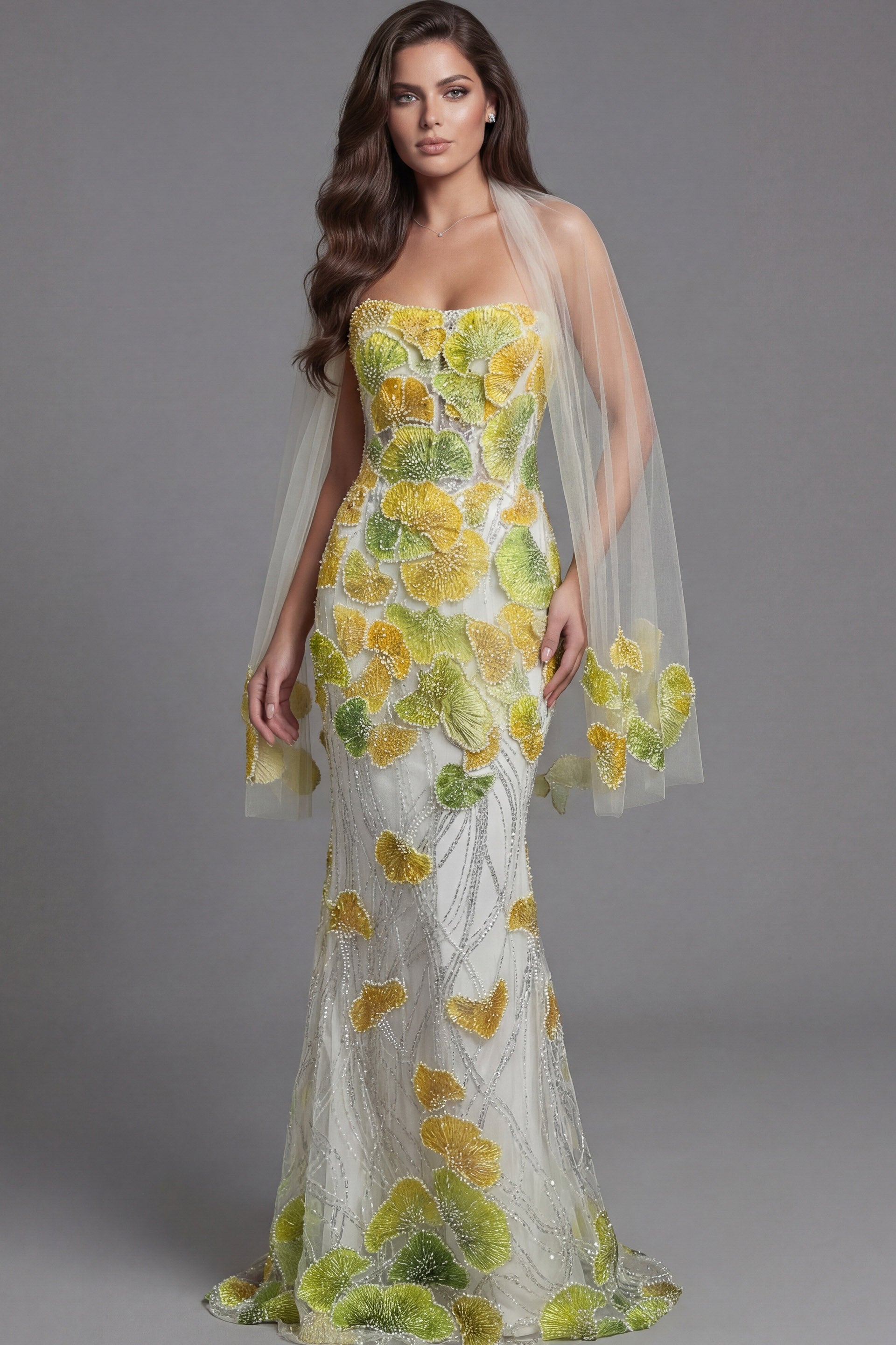 Yellow/Multi Illusion Jewel Neck Floor-Length Embroidered Tulle Mermaid Prom Gown with Sheer Cape Sleeves Jovani 49884