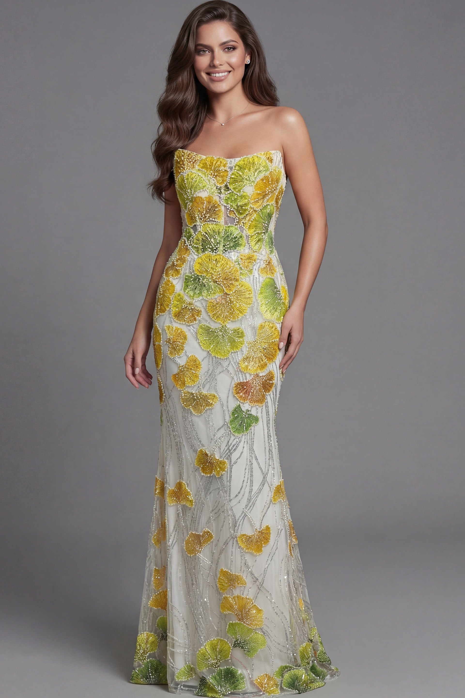 Yellow/Multi Illusion Jewel Neck Floor-Length Embroidered Tulle Mermaid Prom Gown with Sheer Cape Sleeves Jovani 49884