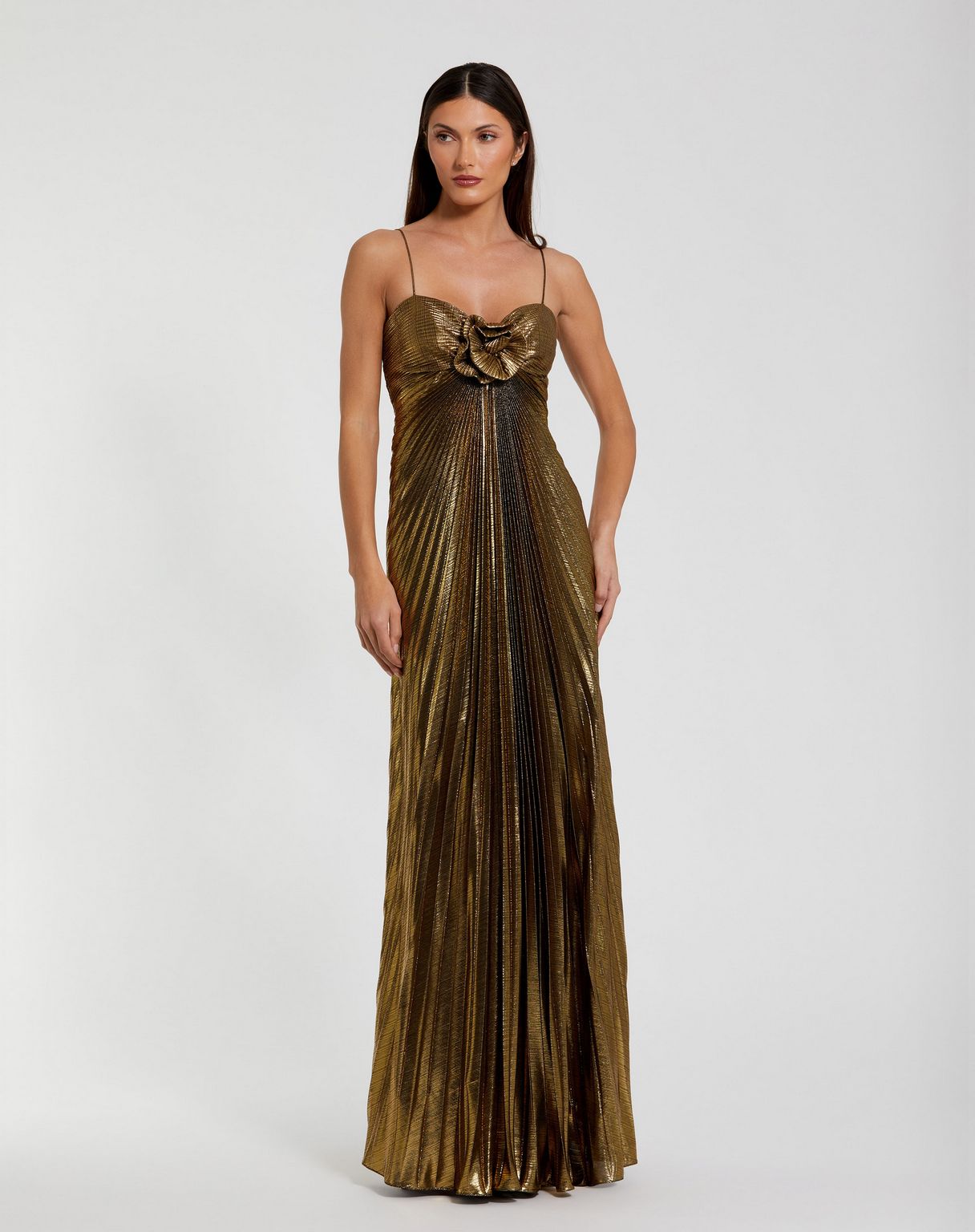 Antique Gold Mac Duggal 49905 Long Formal Pleated Metallic Prom Dress