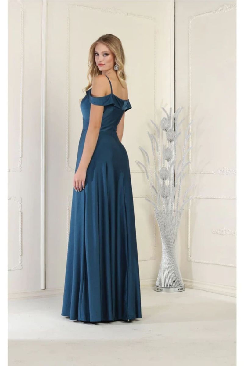 Teal Blue V-Neck Floor-Length Satin Formal Off Shoulder Gown May Queen MQ1988