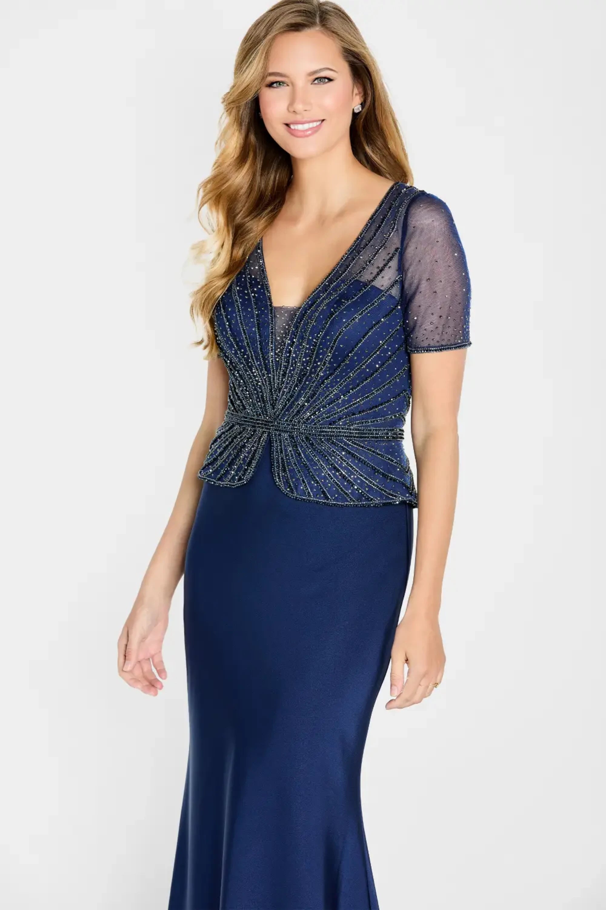 Mother of the Bride Dresses Long Formal Beaded Peplum Mother of the Bride Dress Navy Blue