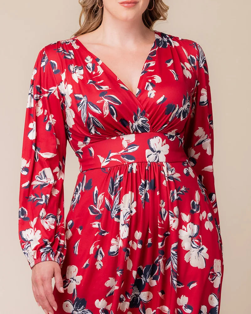 Plus Size Dresses Long Sleeve A Line Short Cocktail Plus Size Dress Red Floral Print