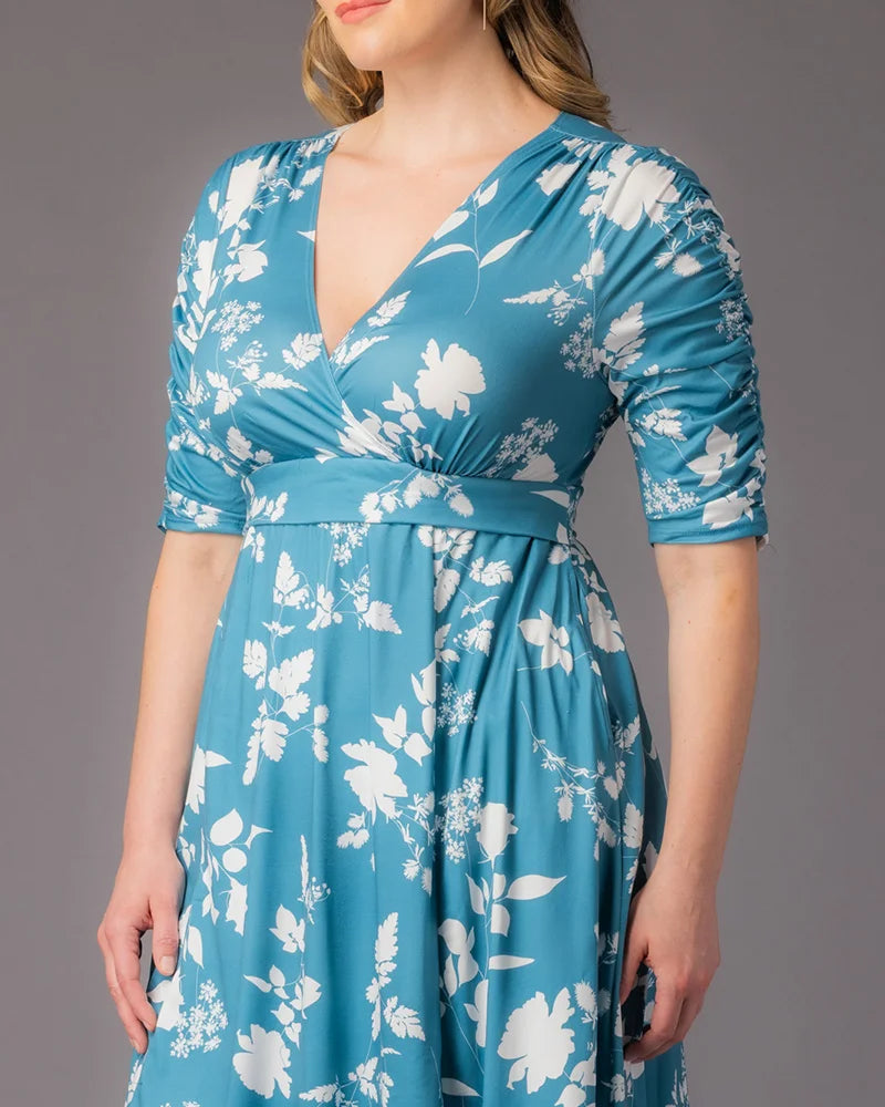 Aqua Blooms V-Neck Knee-Length Floral Casual Dress Plus Size A-Line Dress with Pockets Kiyonna 12183501