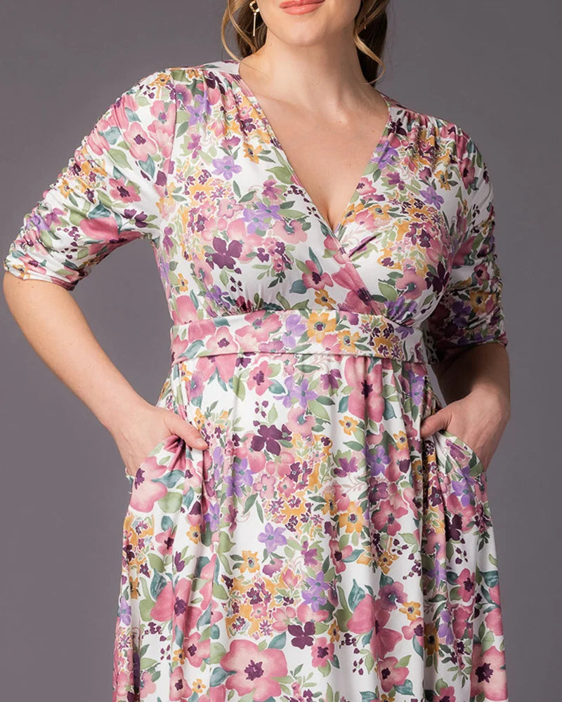 Mauve Watercolor Bouquet V-Neck Knee-Length Floral Casual Dress Plus Size A-Line Dress with Pockets Kiyonna 12183501