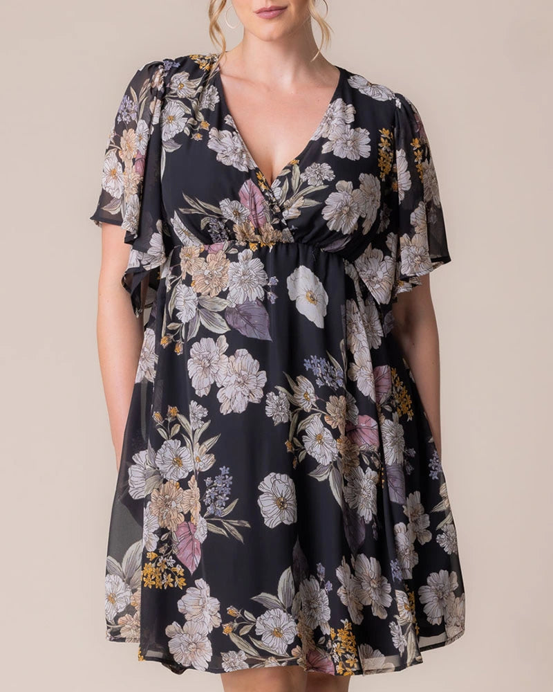 Midnight Peony Print V-Neck Knee-Length Chiffon Casual Floral Wrap Plus Size Dress Kiyonna 12191302