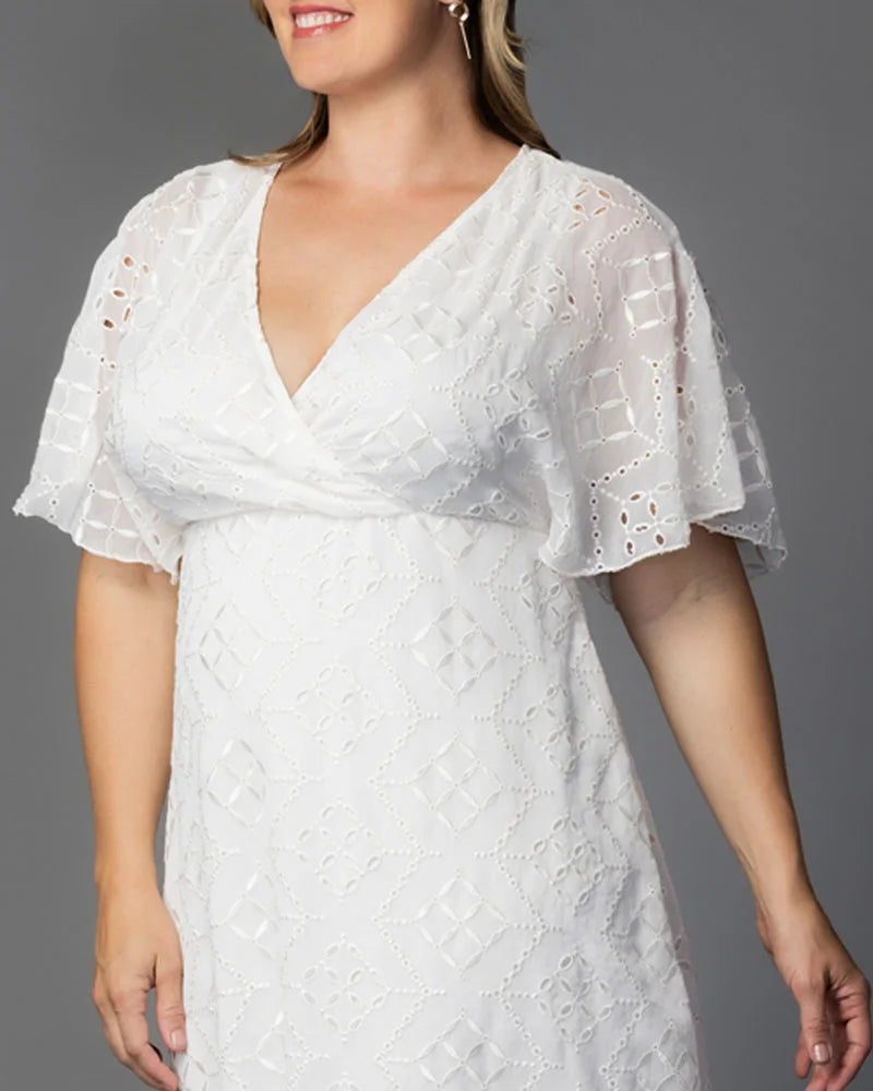 Ivory Eyelet V-Neck Knee-Length Eyelet Casual Dress Flutter Sleeve Plus Size Dress Kiyonna 12262105