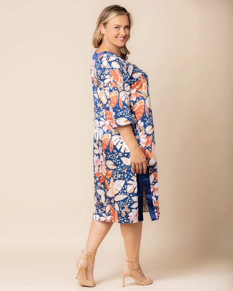 Tropical Print V-Neck Midi Floral Casual Dress Plus Size Shift Dress with Pockets Kiyonna 12262501