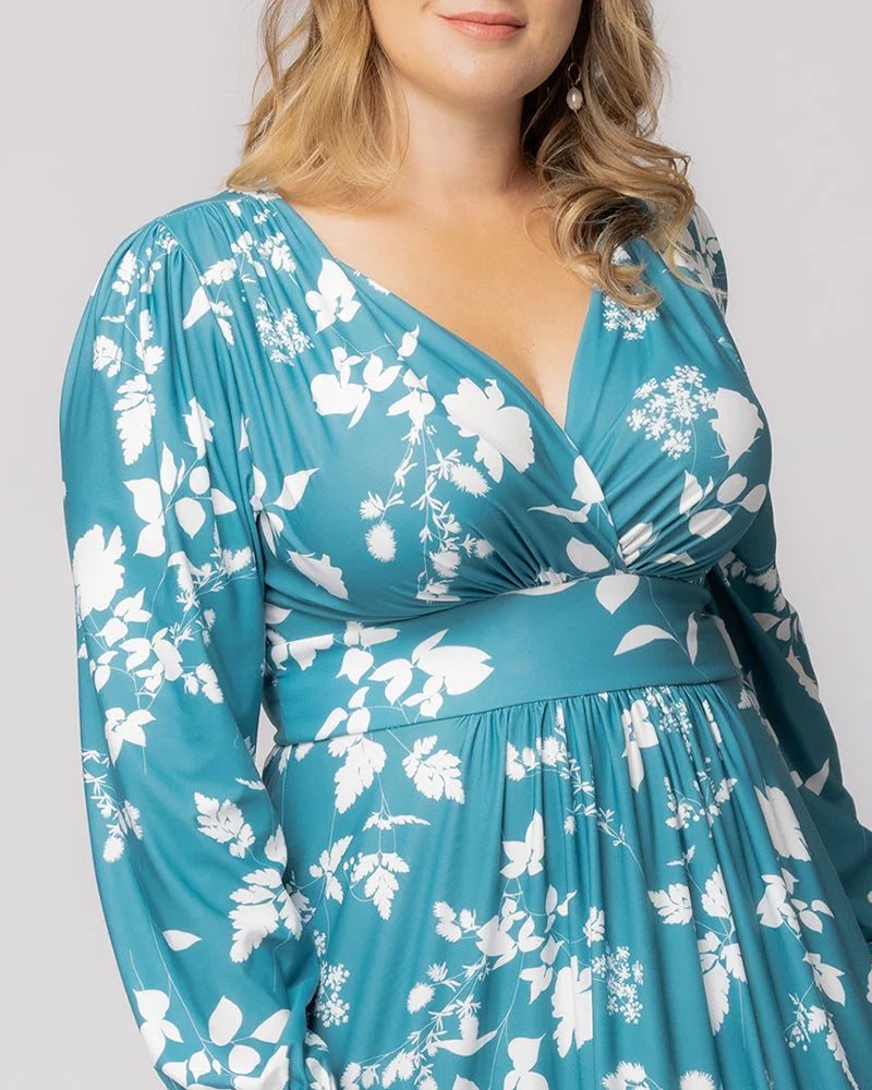 Plus Size Dresses Long Sleeve Tea Length Short Cocktail Dress Aqua Blooms