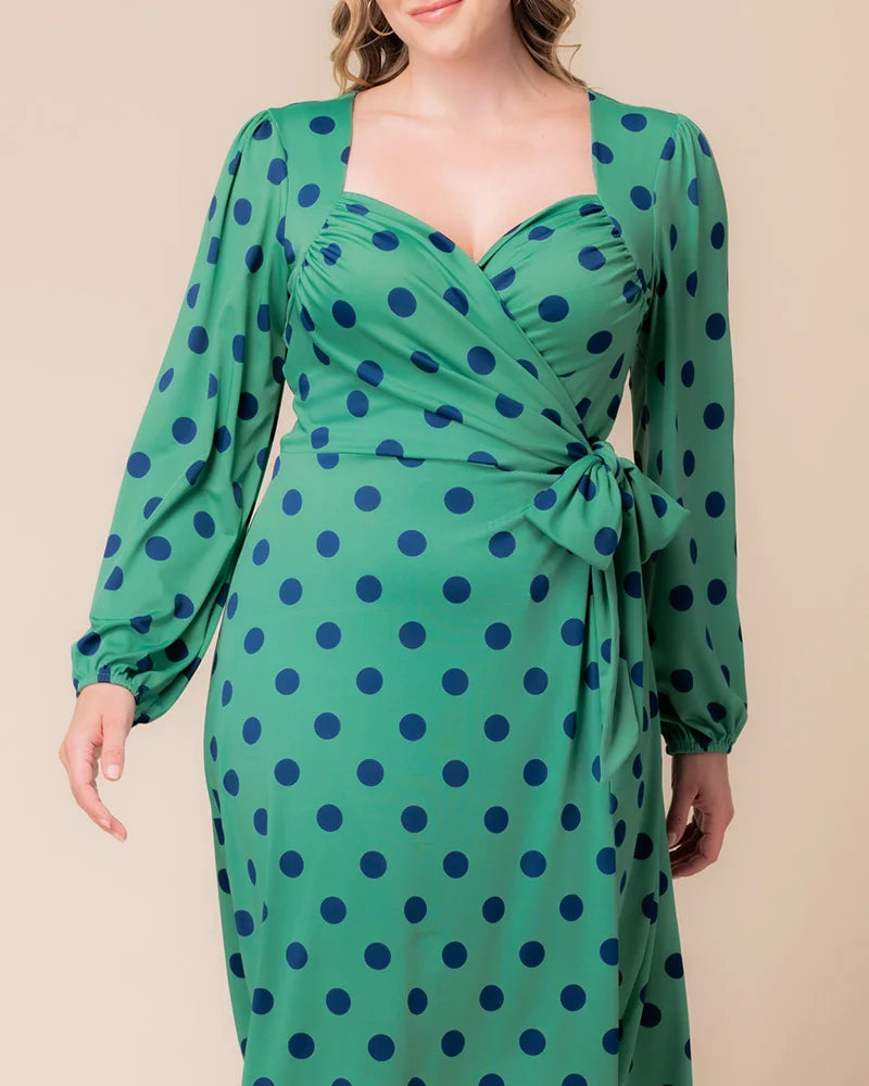 Plus Size Dresses Long Sleeve Short Midi Cocktail Plus Size Dress Kiyona 17212501 Green Polka Dot