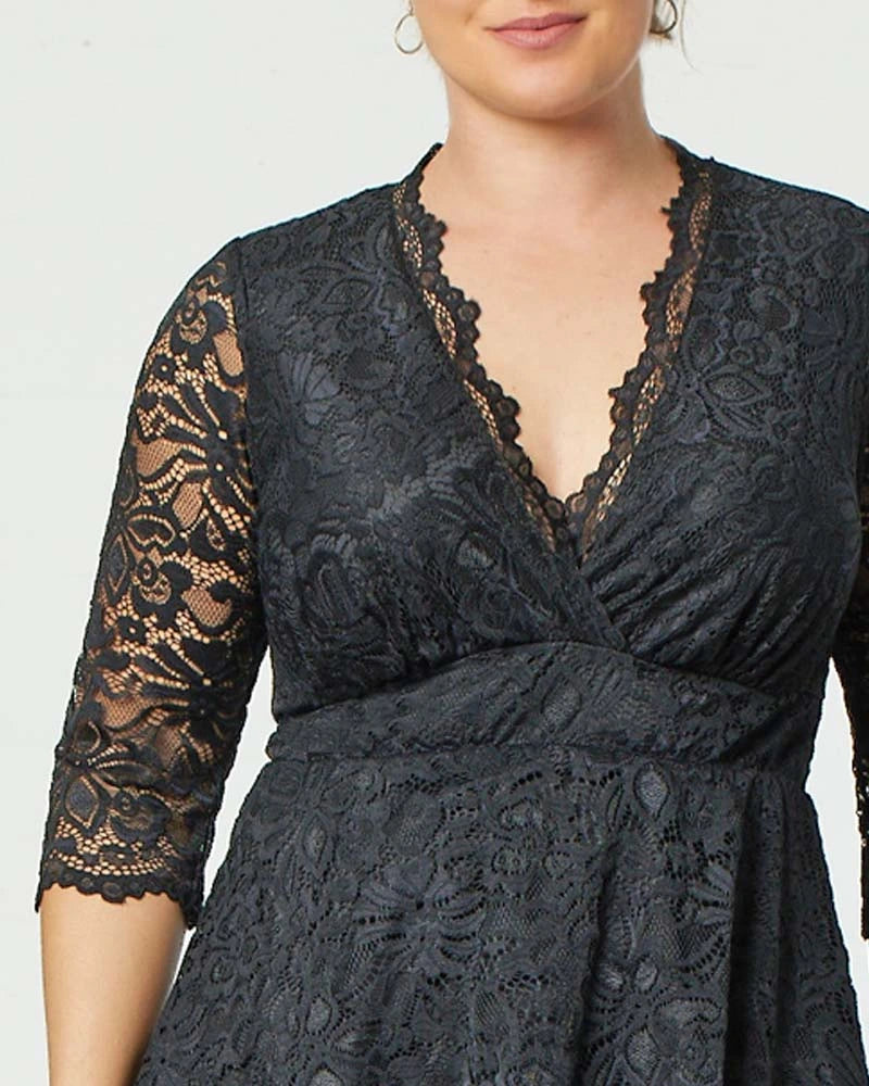 V-Neck 3/4 Sleeve Lace Fit & Flare Plus Size Top Kiyonna KY21120905