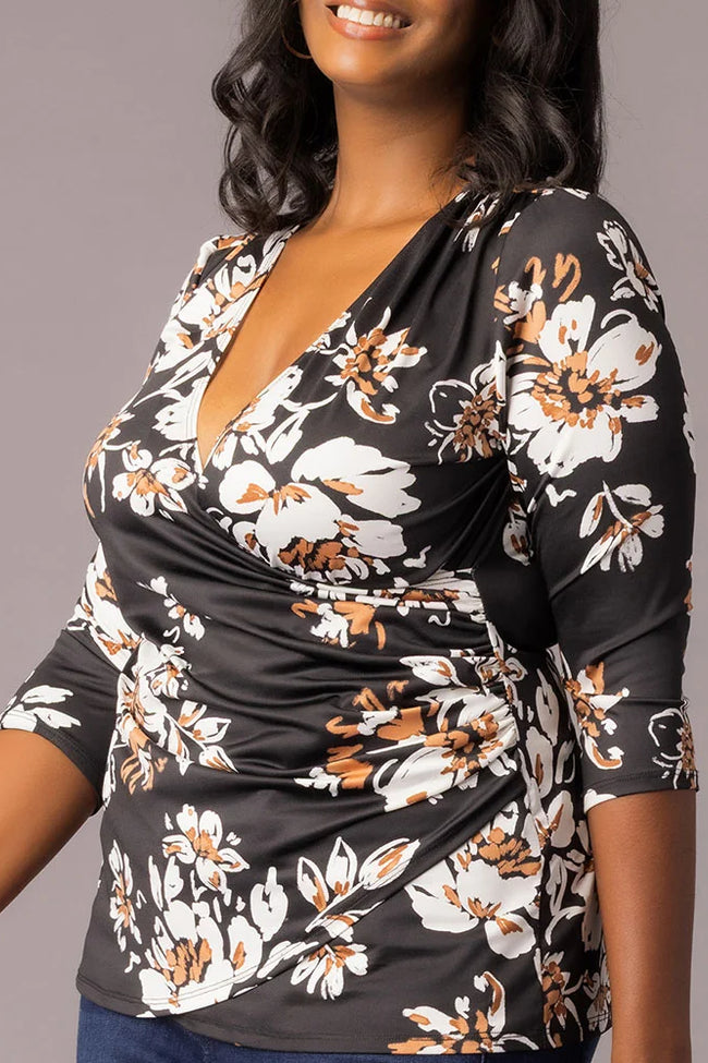 Top Fitted Formal Top Black Scattered Blooms