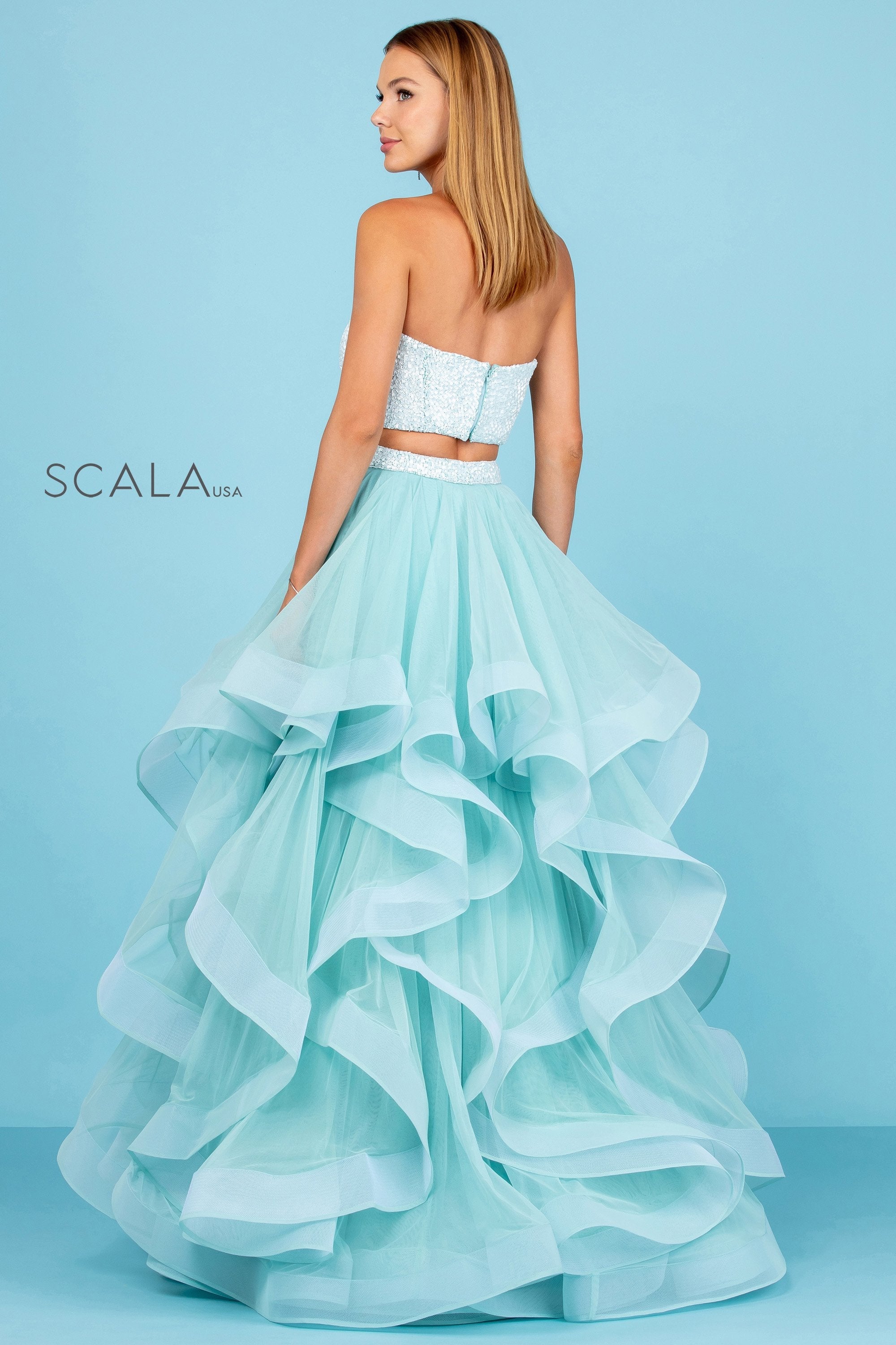 Prom Dresses Long Ball Gown Two Piece Formal Beaded Ruffle Prom Dress Turquoise/Ivory