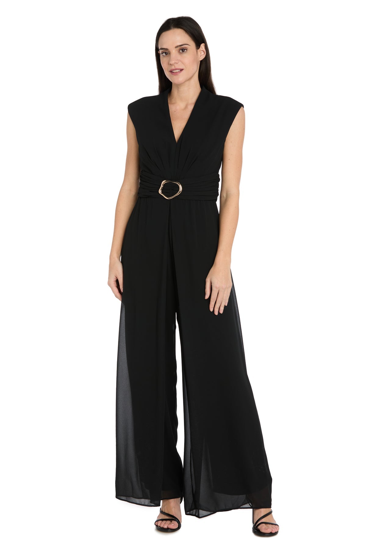 V-Neck Sleeveless Chiffon Jumpsuit by R&M Richards 5006 in Black