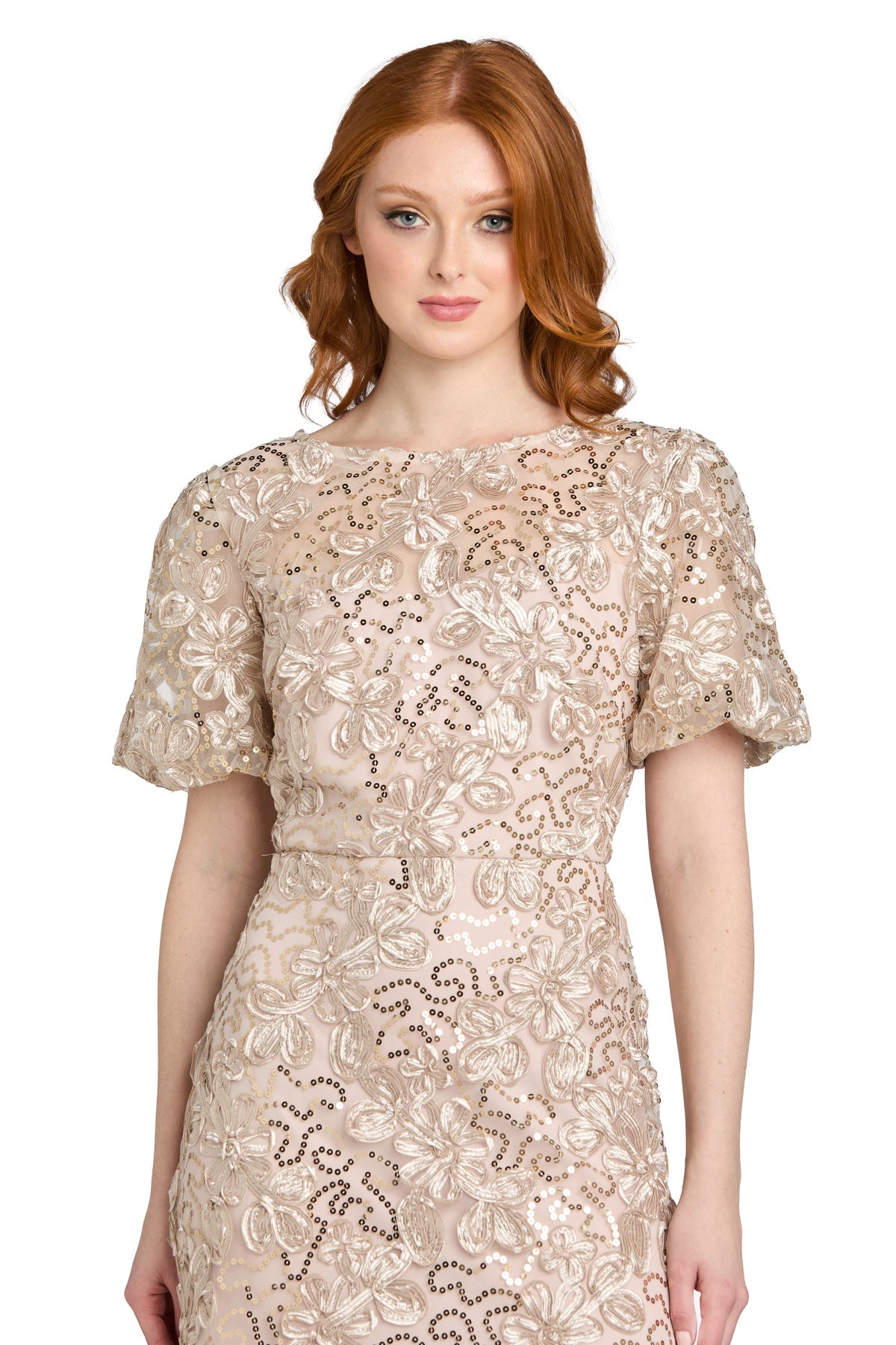 Bateau Long Sequin Lace Mother of the Bride Dress by R&M Richards 5010 in Champagne
