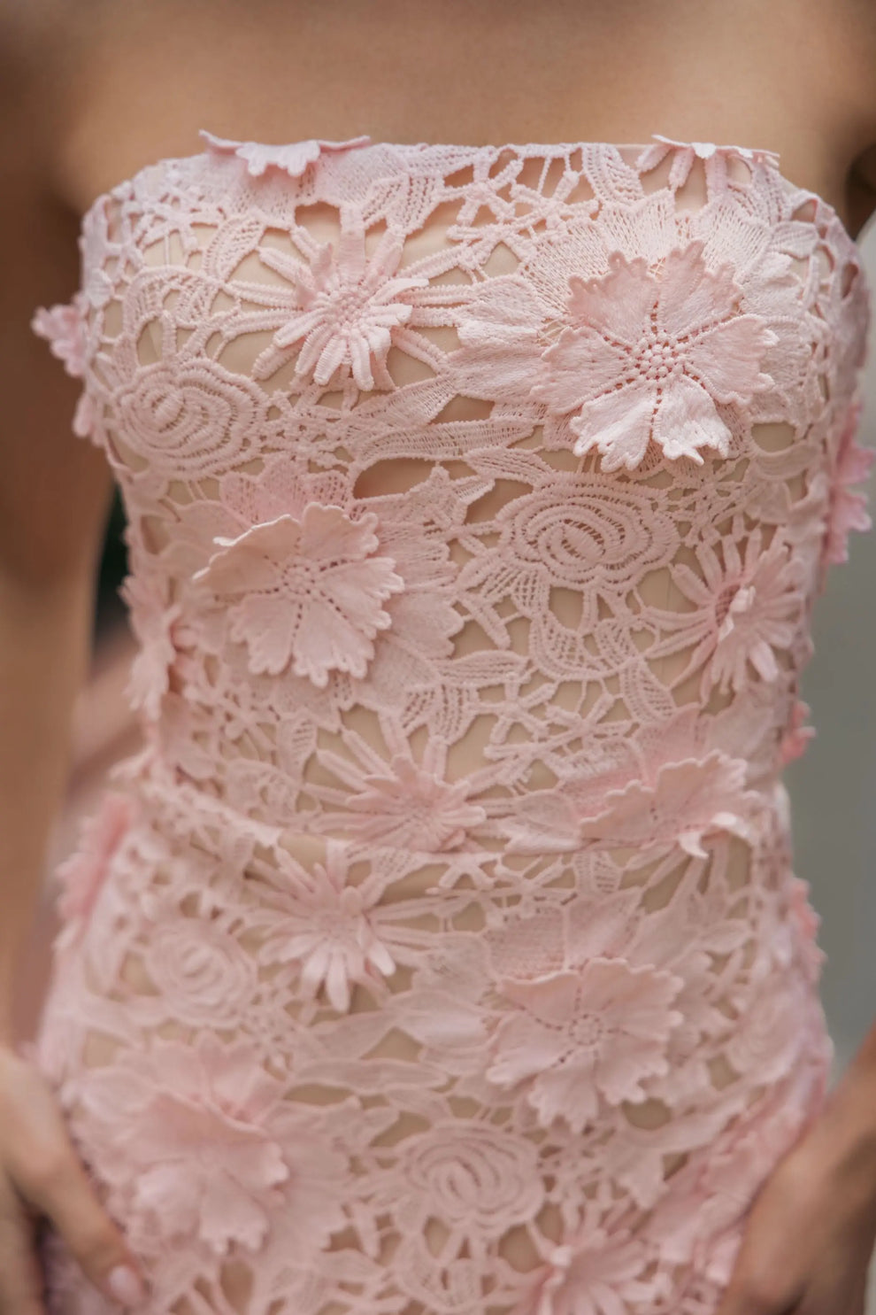 Strapless Midi Lace Cocktail Dress by Mac Duggal 50117 in Blush