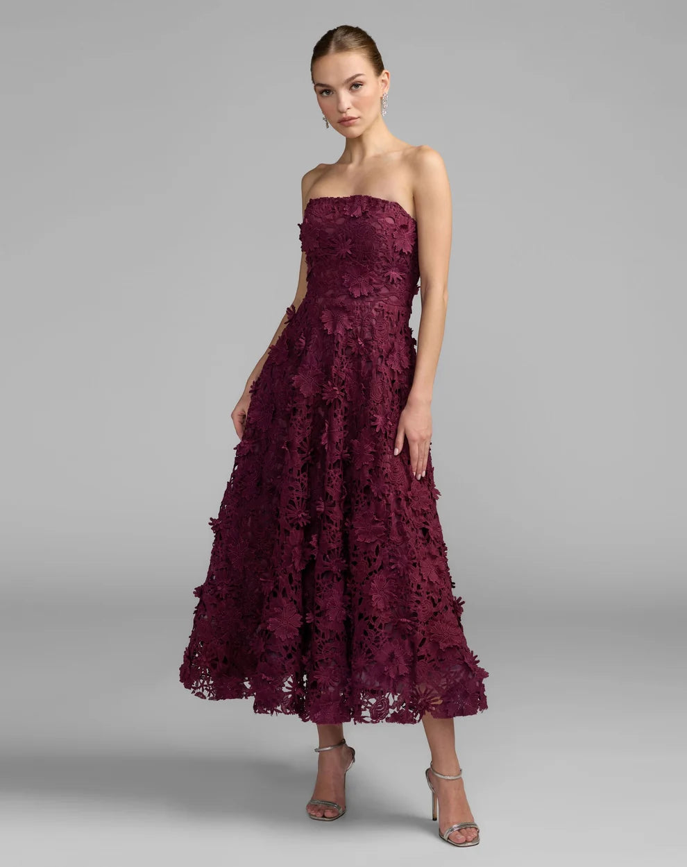 Strapless Ankle-Length Floral Lace Formal Dress by Mac Duggal 50118 in Plum
