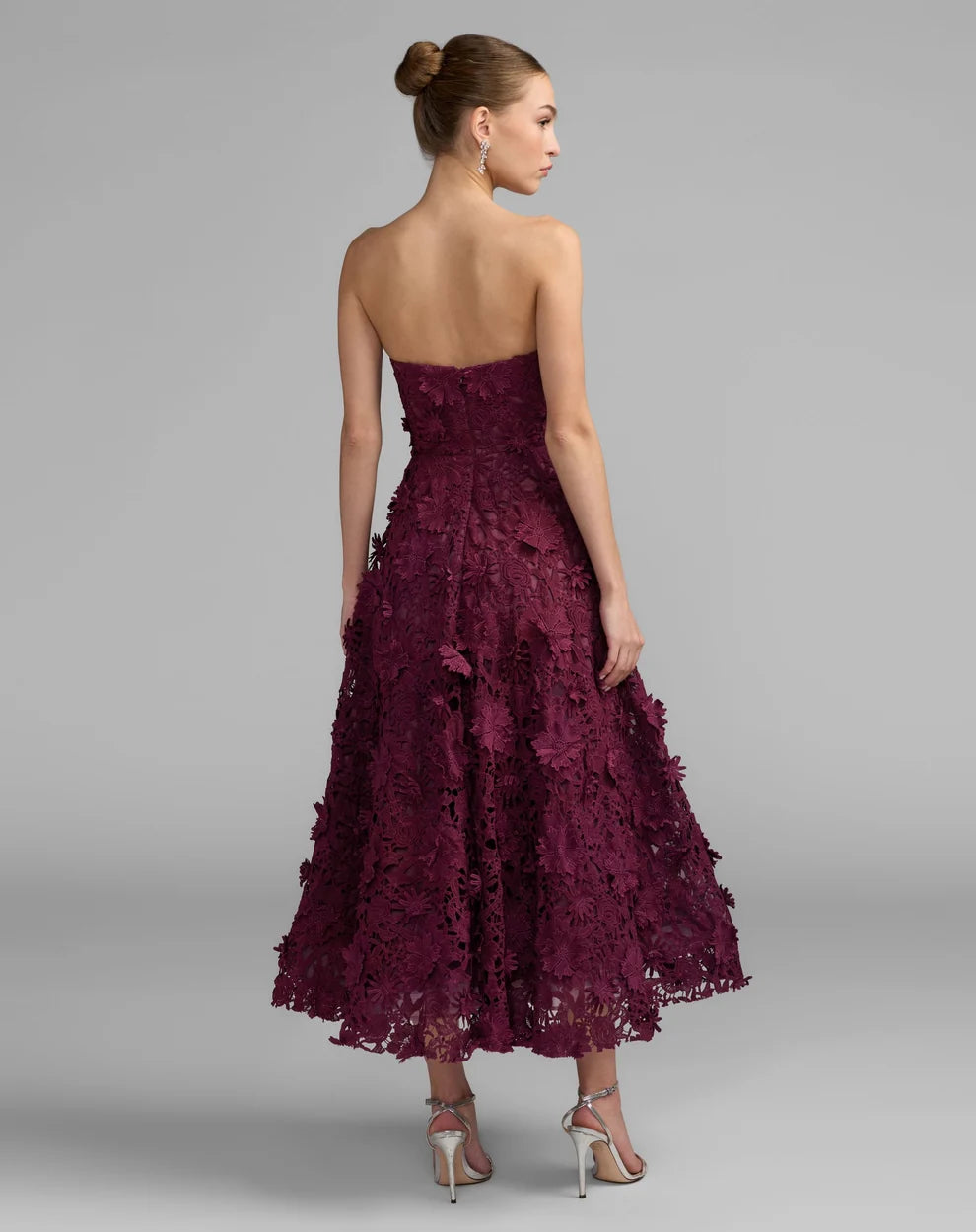 Strapless Ankle-Length Floral Lace Formal Dress by Mac Duggal 50118 in Plum