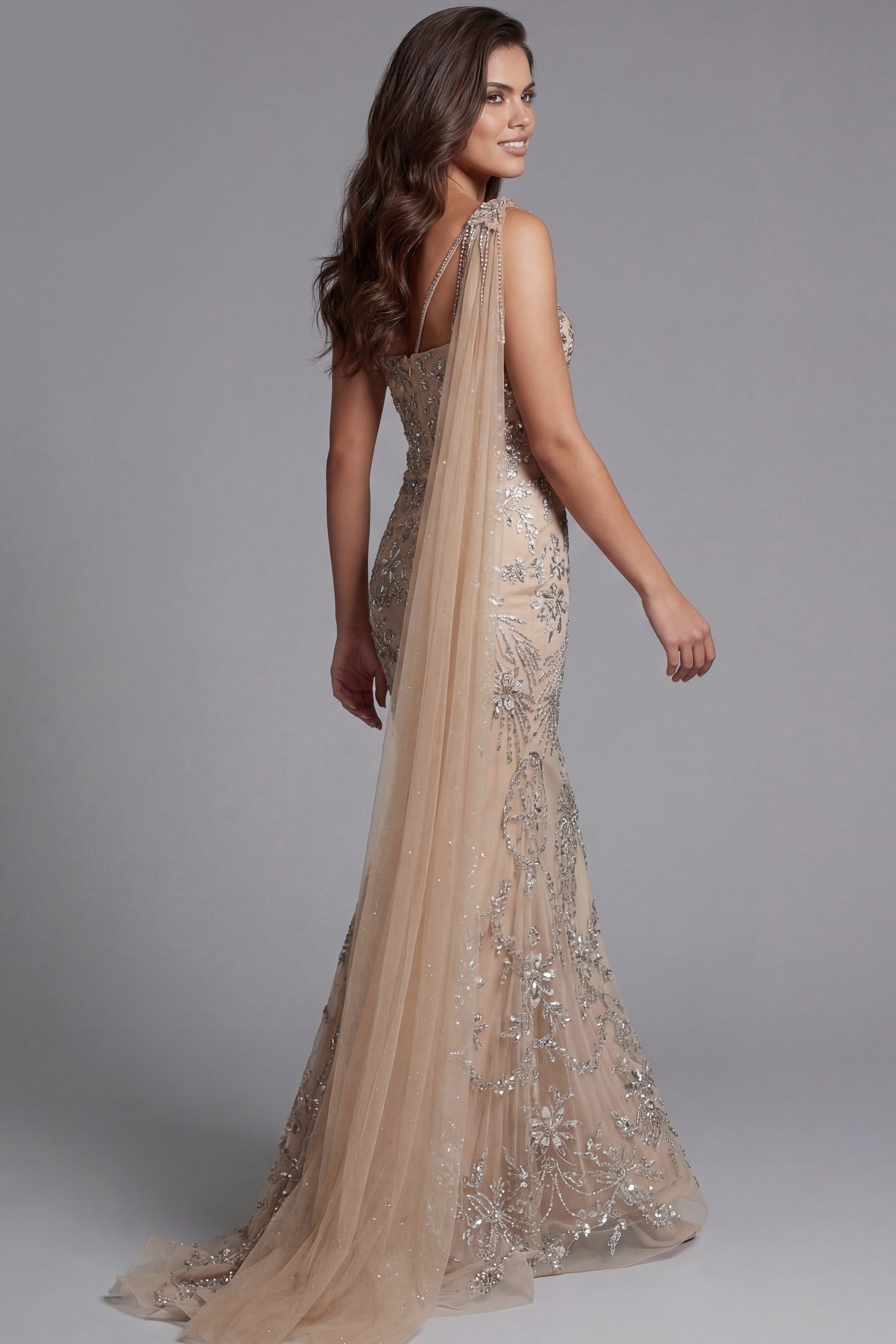 Champagne One Shoulder Floor-Length Beaded Tulle Prom Gown with Ruffle Accent and Cape Jovani 50205