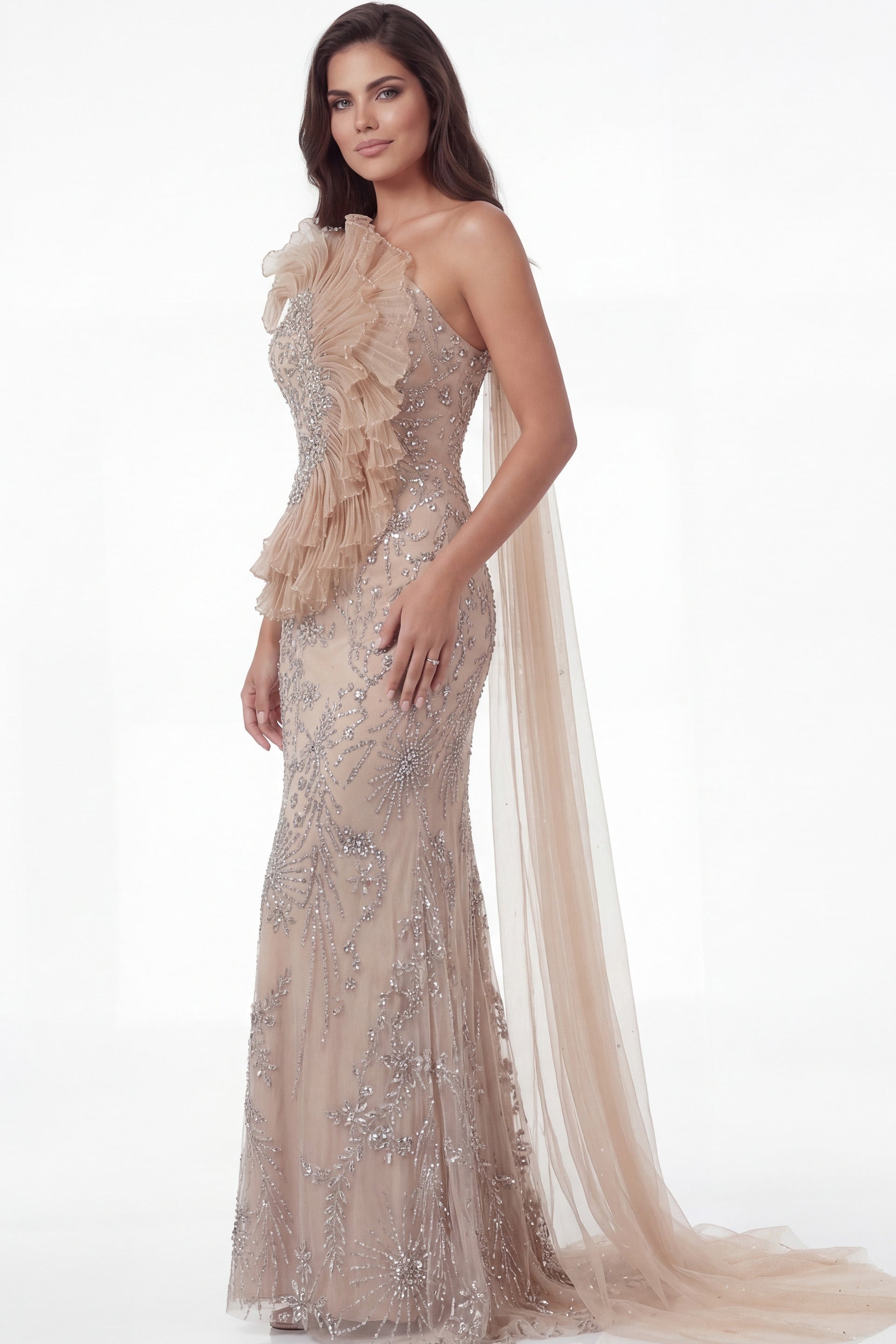 Champagne One Shoulder Floor-Length Beaded Tulle Prom Gown with Ruffle Accent and Cape Jovani 50205