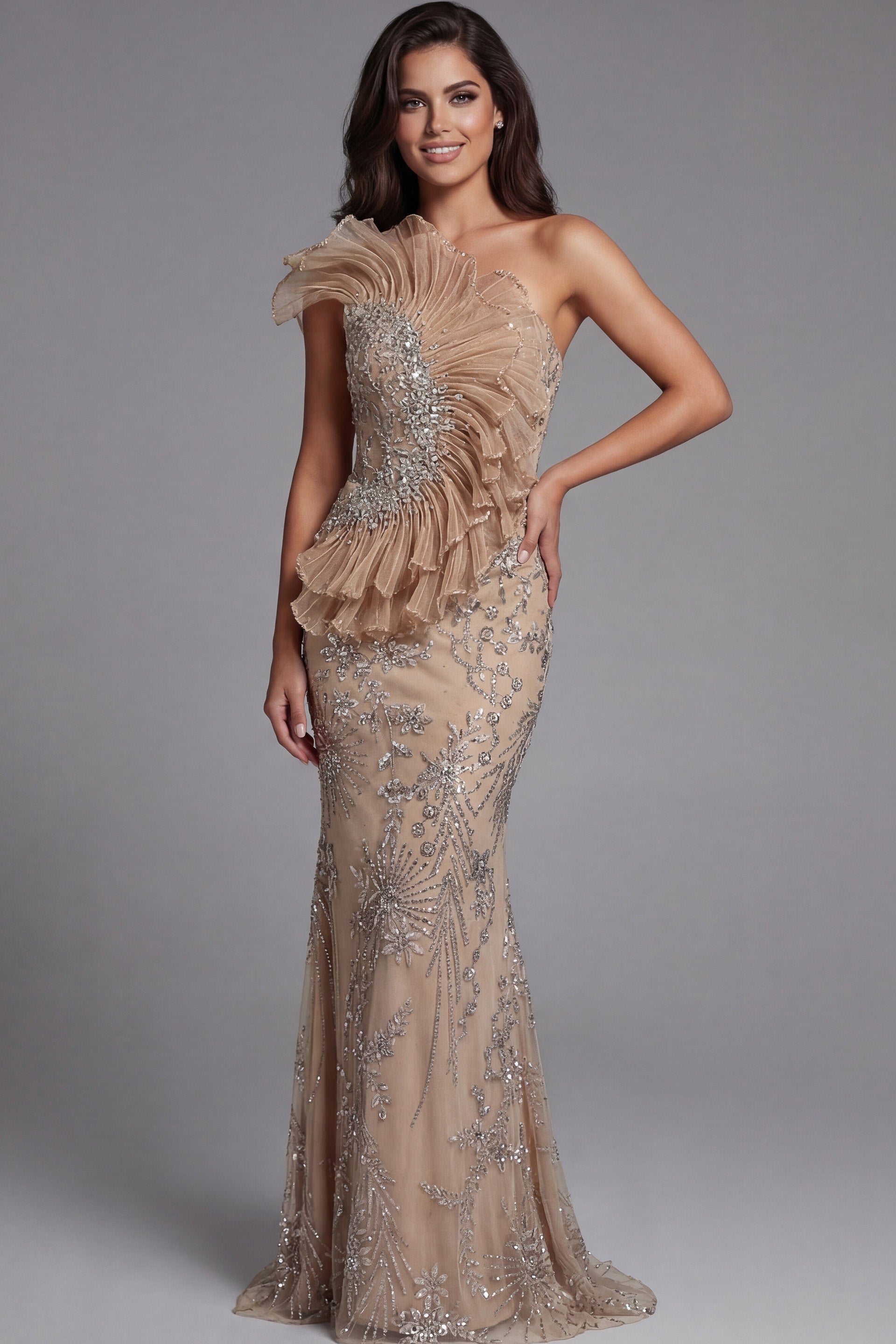 Champagne One Shoulder Floor-Length Beaded Tulle Prom Gown with Ruffle Accent and Cape Jovani 50205