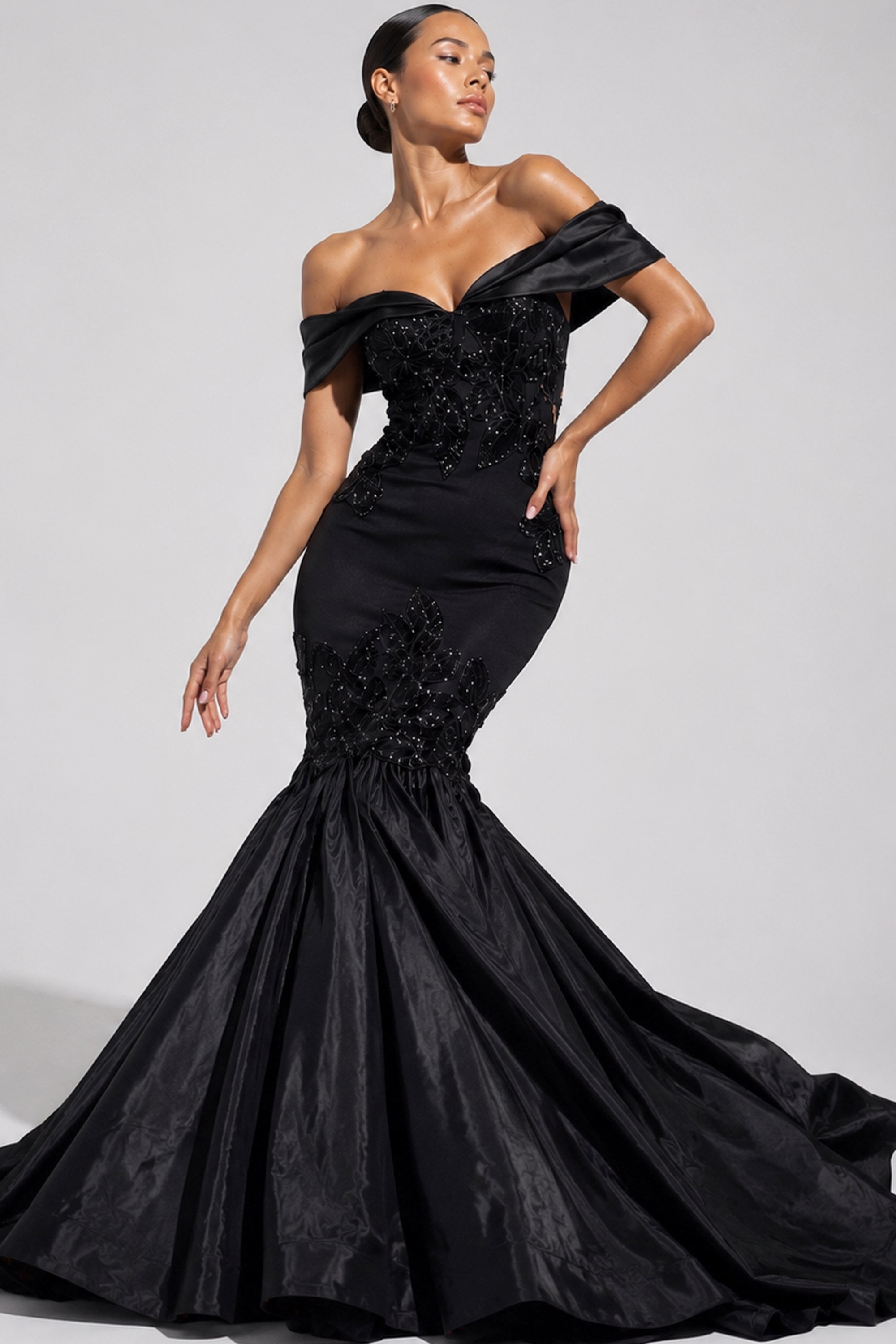 Black Off-the-Shoulder Floor-Length Satin Prom Dress Mermaid Jovani 50209