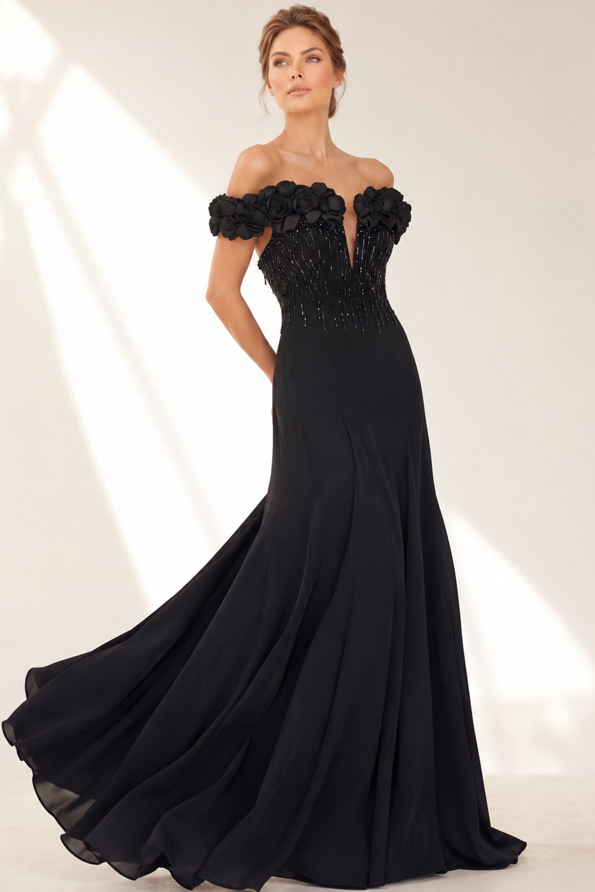 Black Off-the-Shoulder Floor-Length Chiffon Prom Dress Gown Jovani 50212