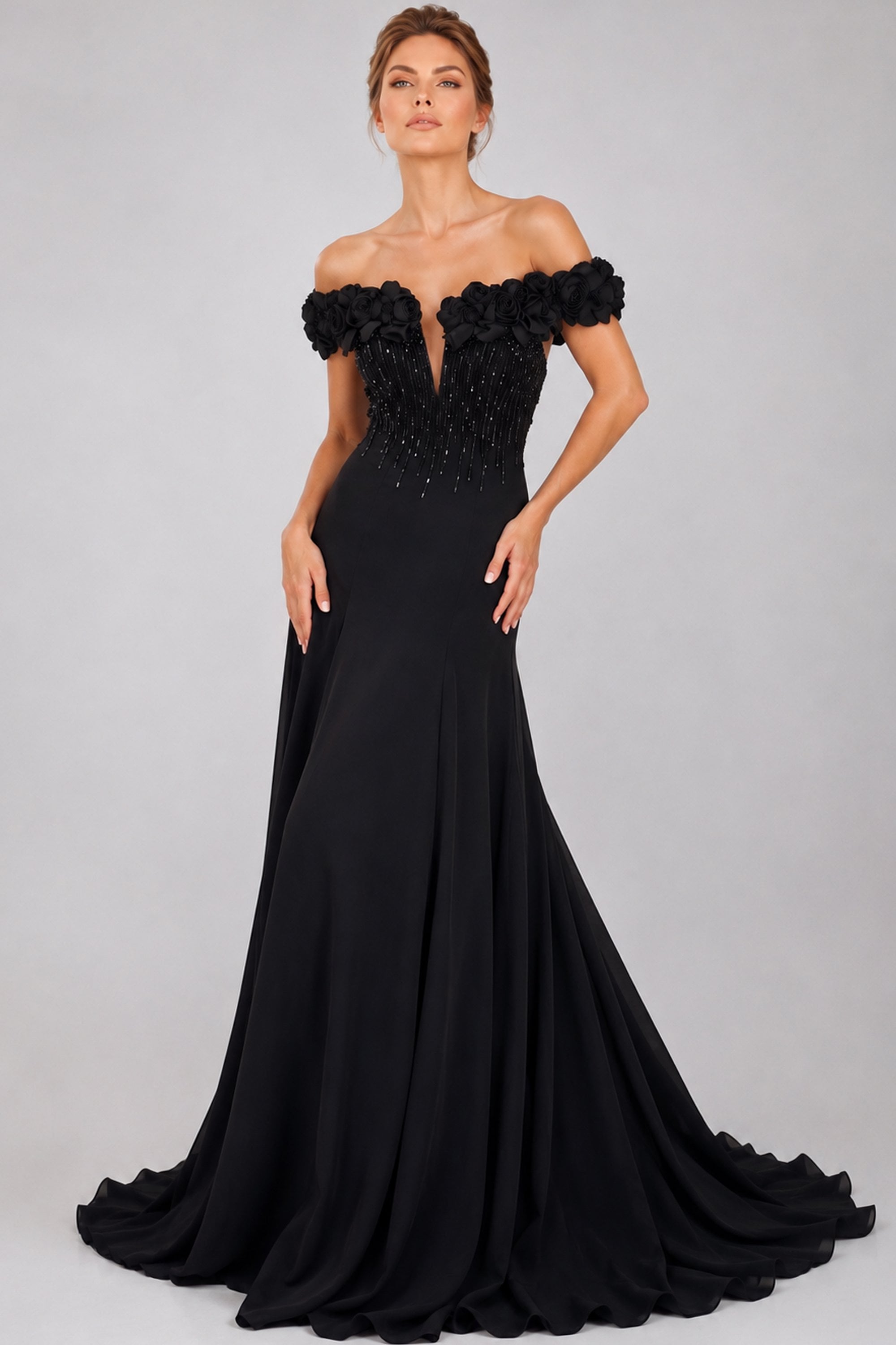 Black Off-the-Shoulder Floor-Length Chiffon Prom Dress Gown Jovani 50212