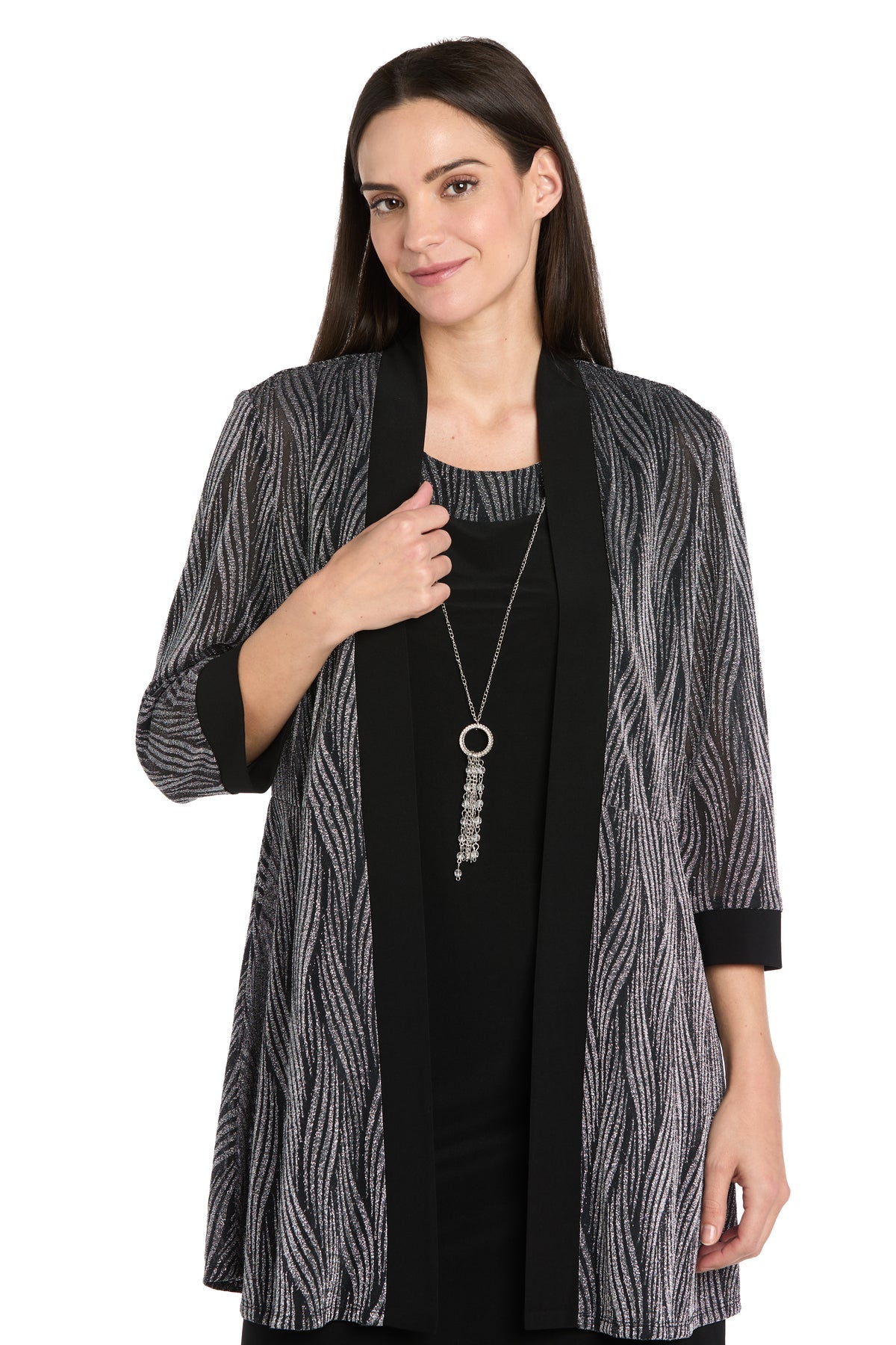 Shawl Collar Knee-Length Jacket Dress by R&M Richards 5023 in Black/Silver