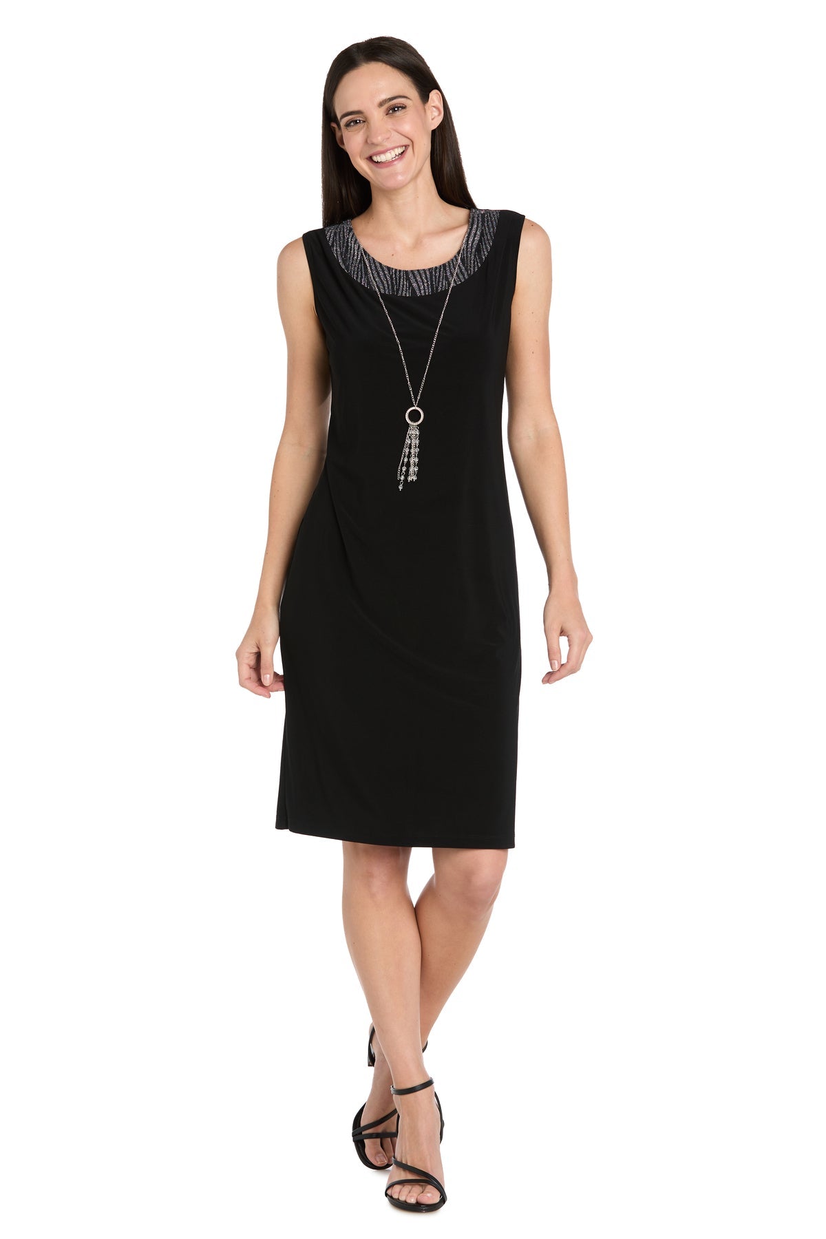 Shawl Collar Knee-Length Jacket Dress by R&M Richards 5023 in Black/Silver