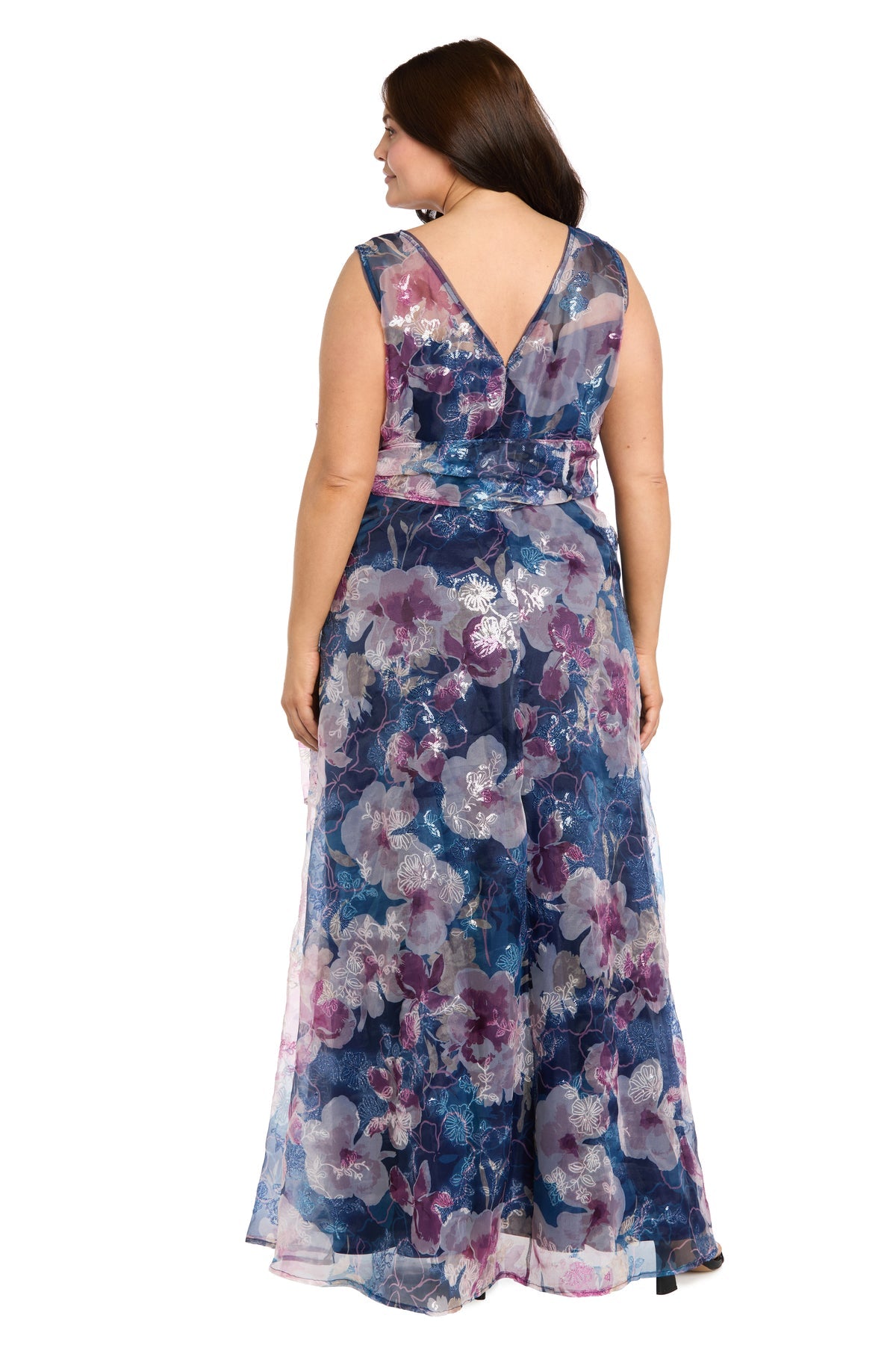 Bateau Sleeveless Floral Chiffon Evening Gown by R&M Richards 5025W in Navy/Mauve