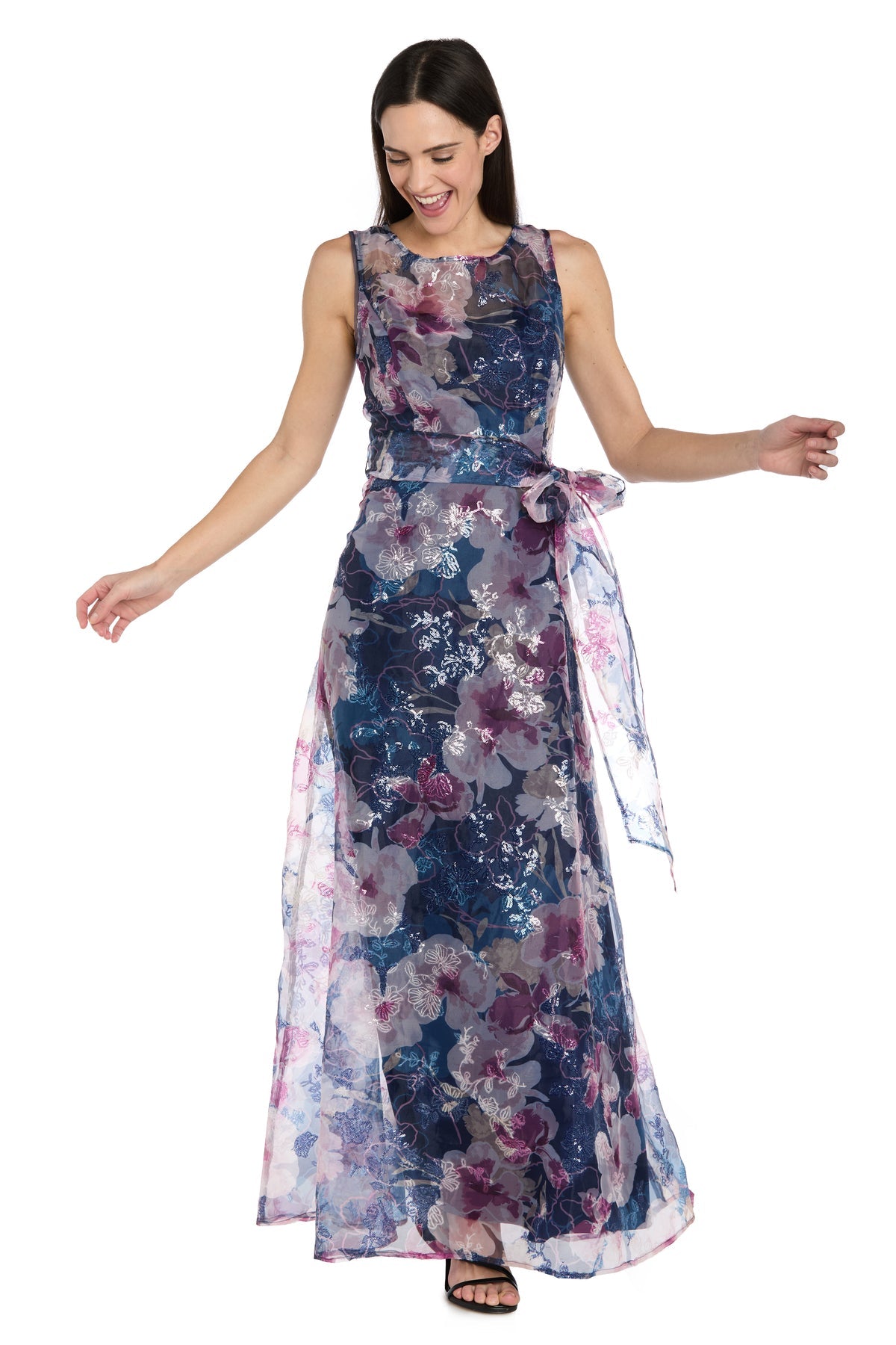 Floral Maxi Chiffon Evening Gown by R&M Richards 5025 in Navy/Mauve