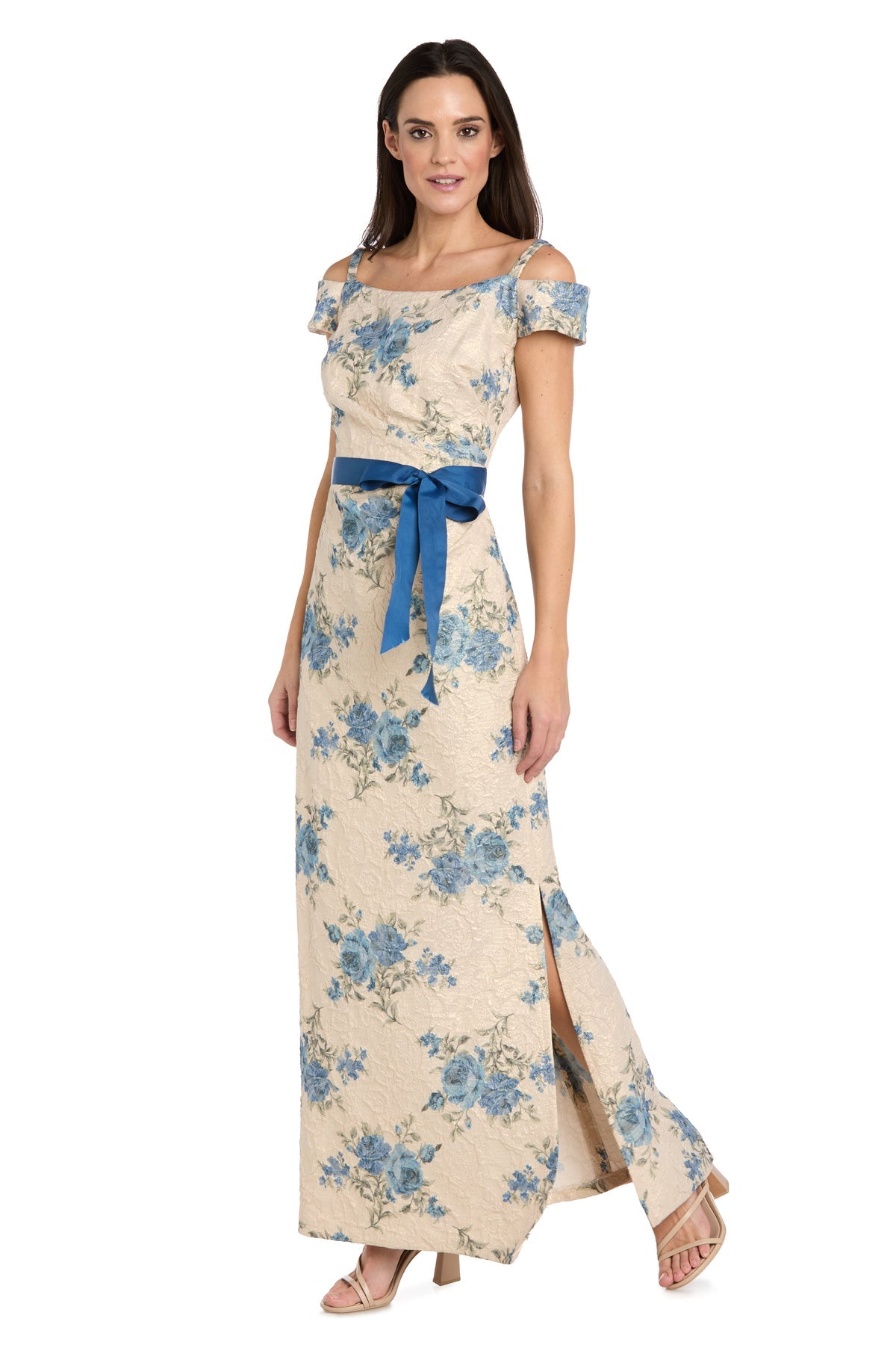 Cold Shoulder Long Floral Formal Dress by R&M Richards 5026 in Antique Blue