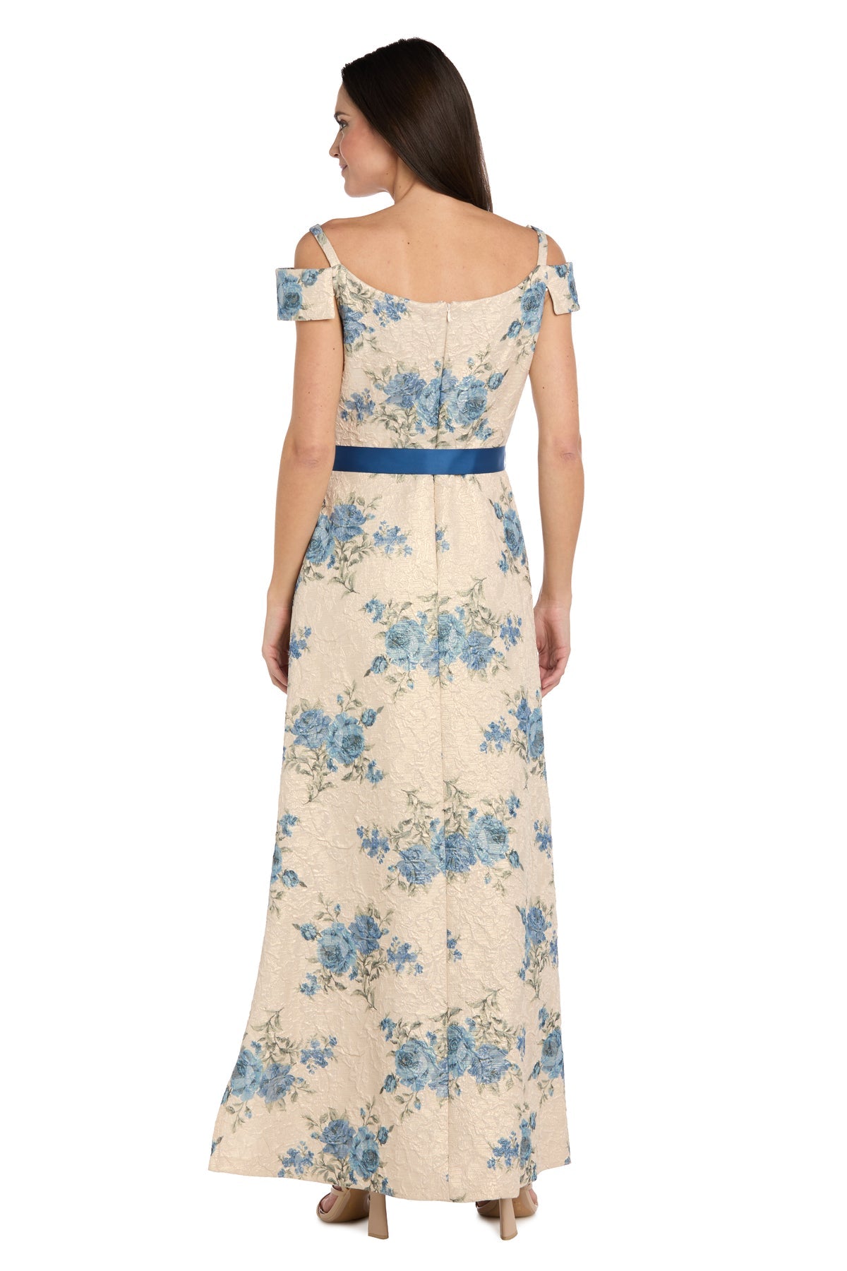 Cold Shoulder Long Floral Formal Dress by R&M Richards 5026 in Antique Blue