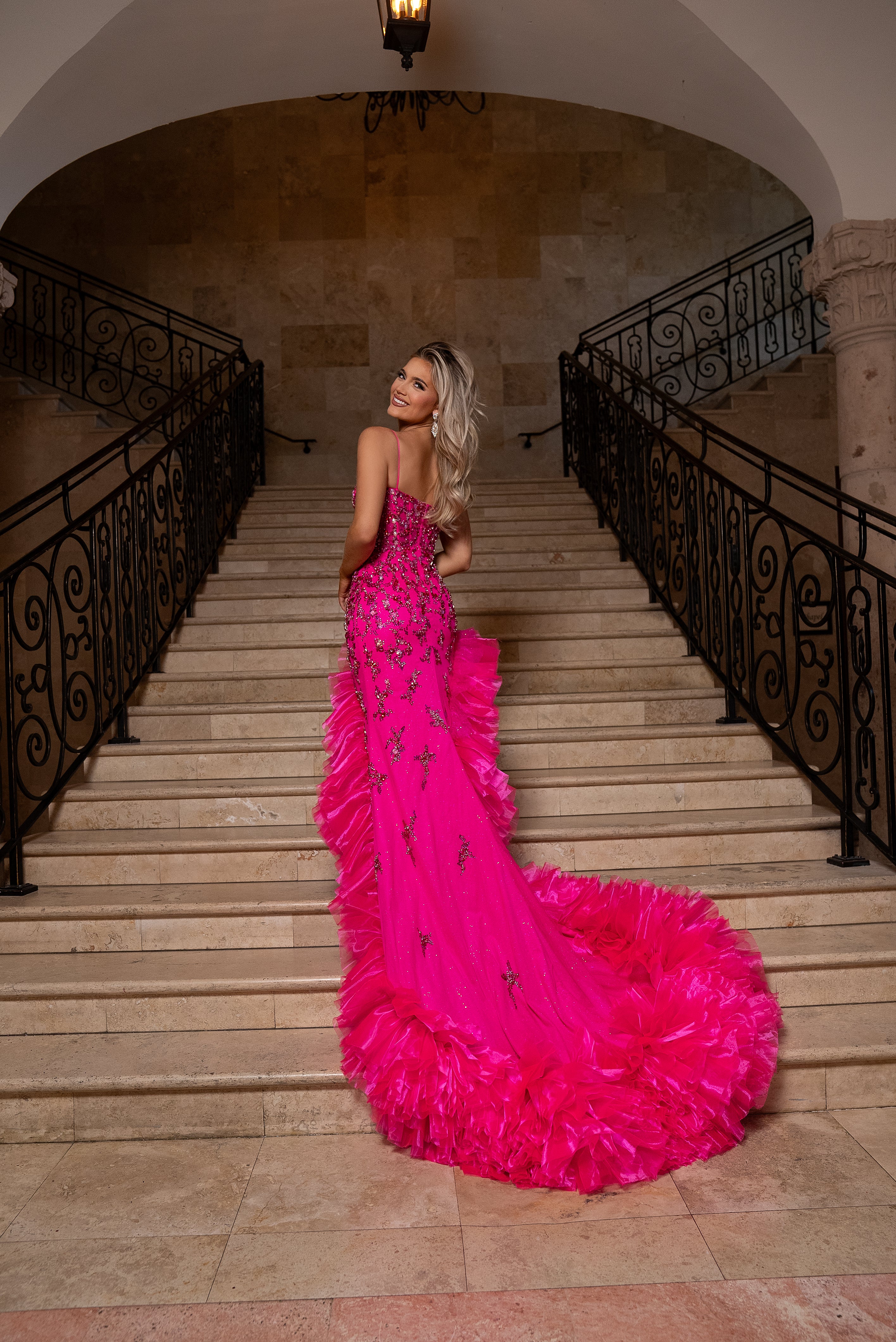 Prom Dresses Mermaid Long Formal Fitted Ruffled Prom Dress Hot Pink