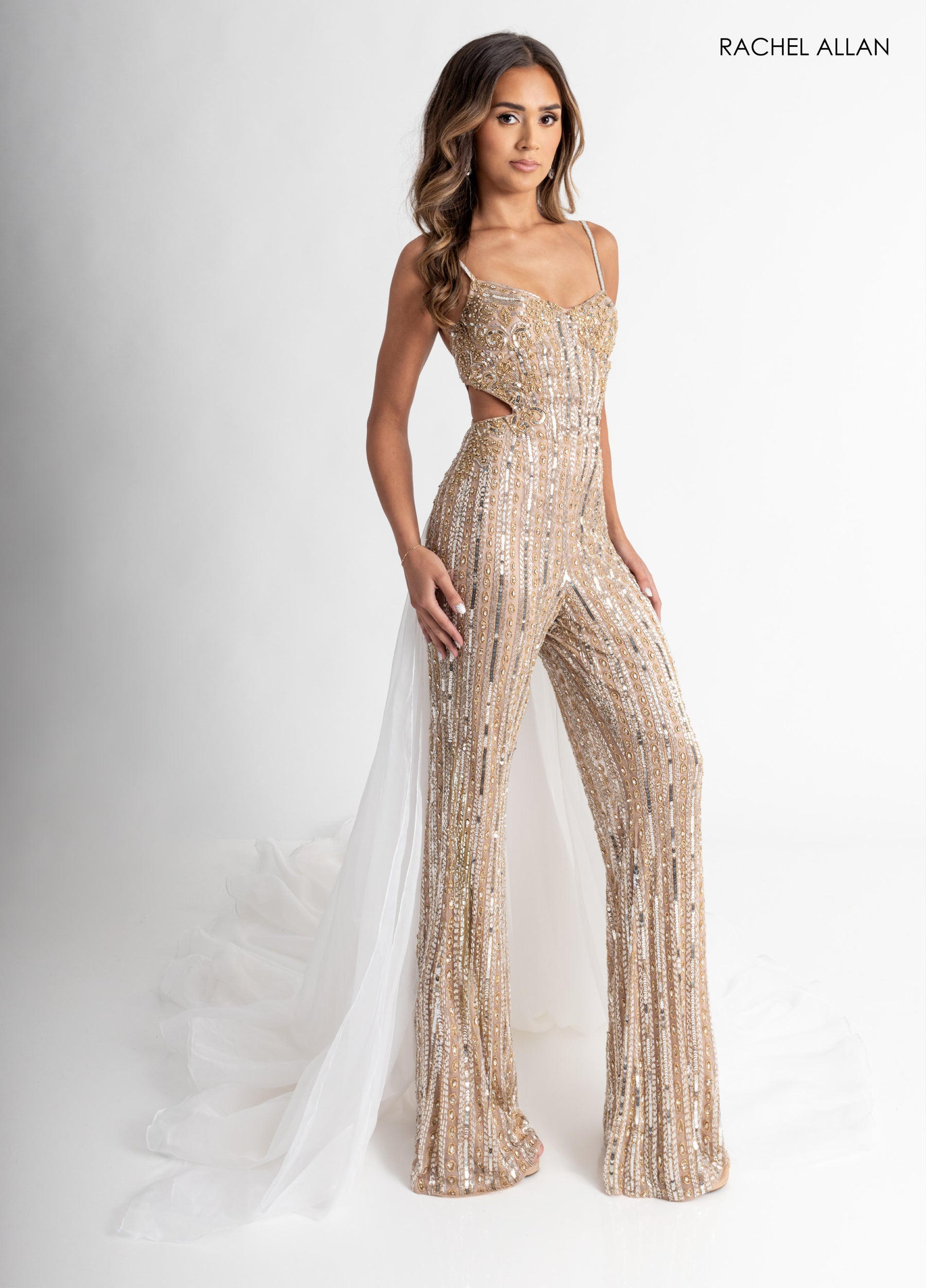 Jumpsuit Long Beaded Formal Evening Jumpsuit Nude White